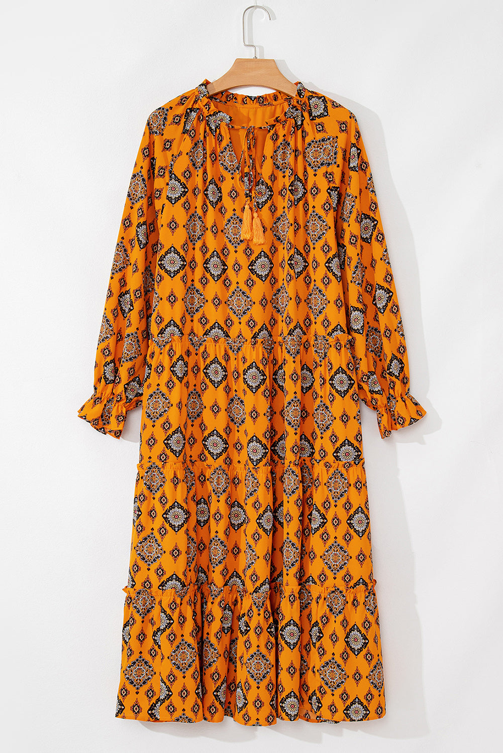 Orange Western Geometric Print Tiered Frilled Loose Fit Midi Dress