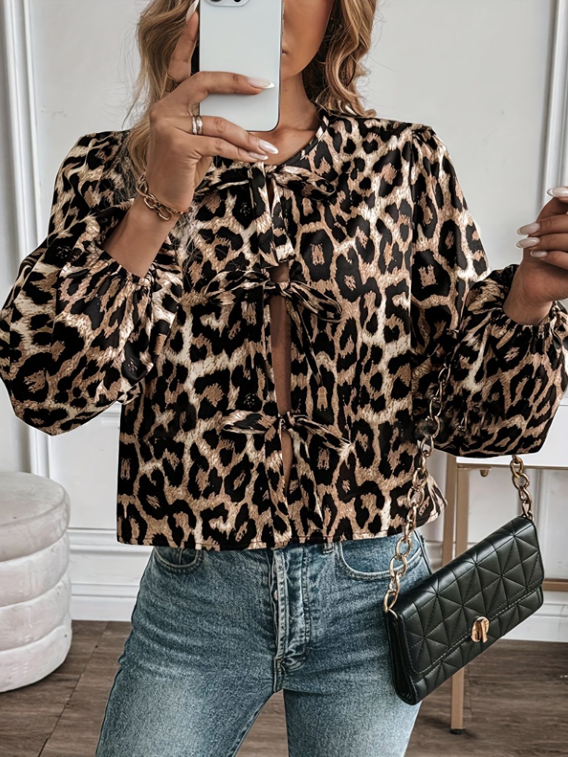 Tied Leopard Round Neck Long Sleeve Top