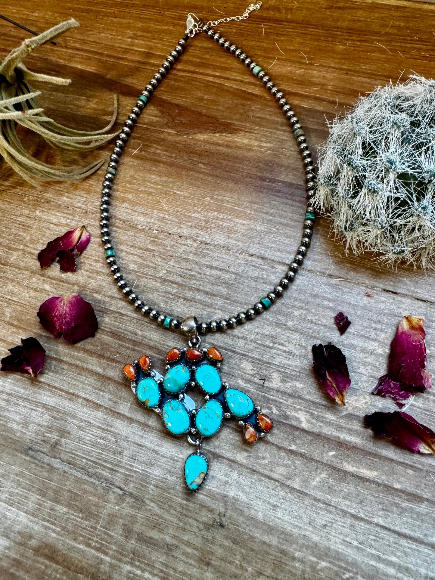 Cactus Pendant - sterling silver with turquoise & corral