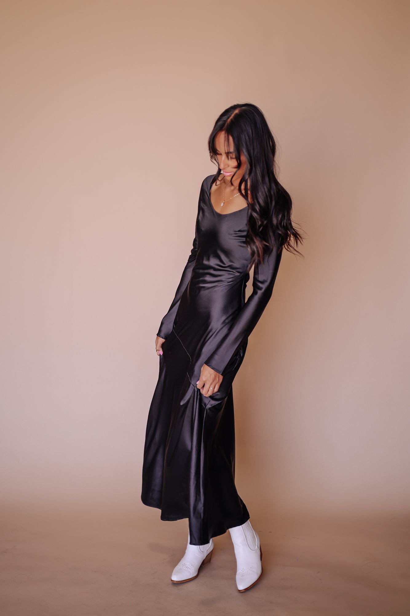 Siri Satin Long Sleeve Midi Dress