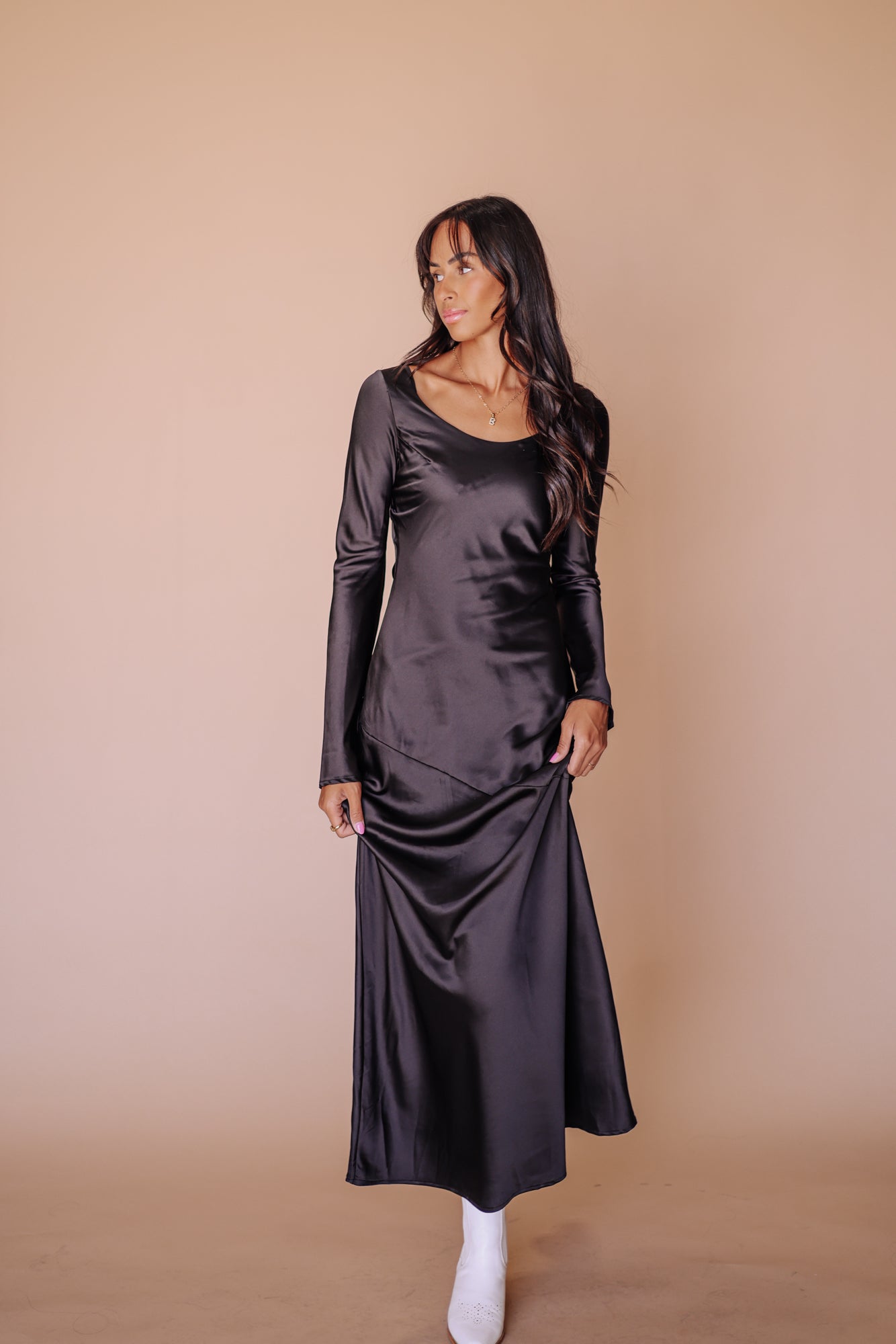 Siri Satin Long Sleeve Midi Dress