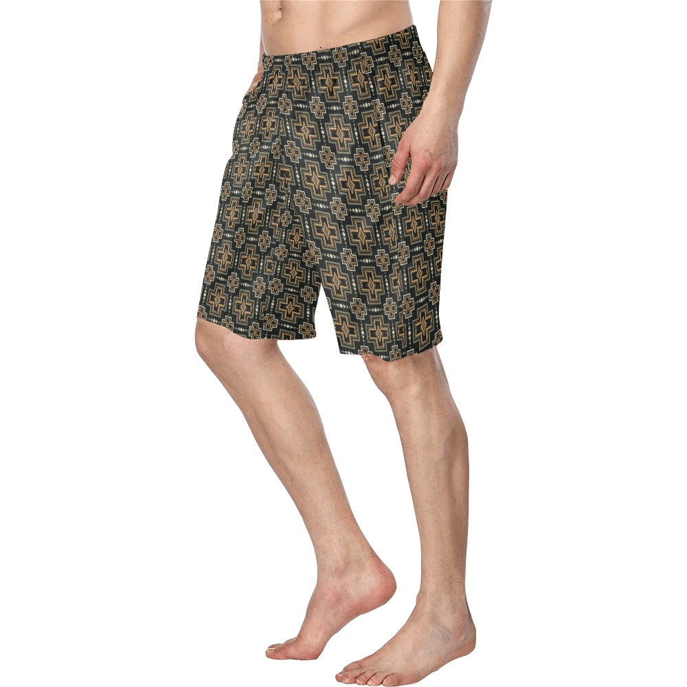 Brown Black Aztec Men's Western Swim Trunk Board Shorts