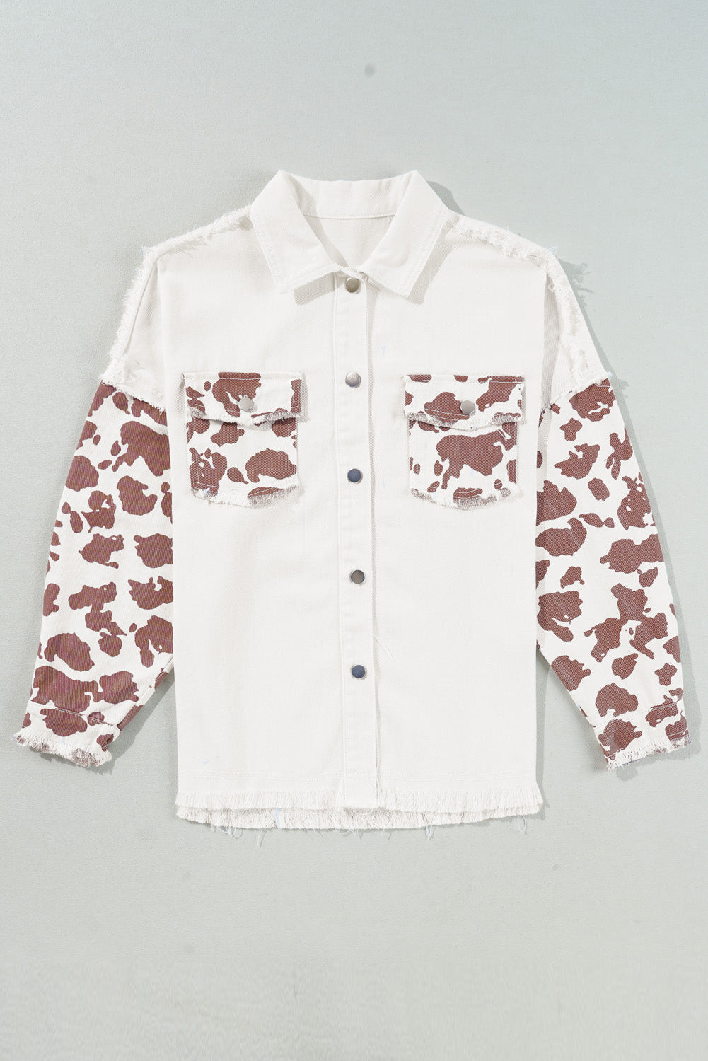 White Cow Spot Patchwork Flap Pocket Distressed Hem Long Denim Jacket