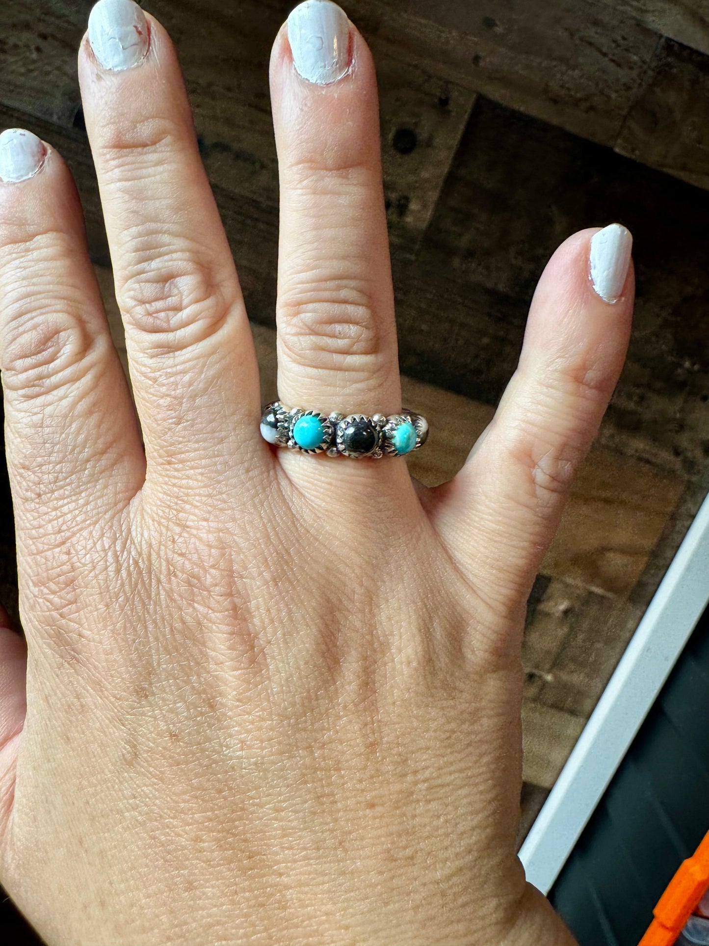 Band Ring - Size 8 - Kingman Turquoise, white Buffalo & sterling silver