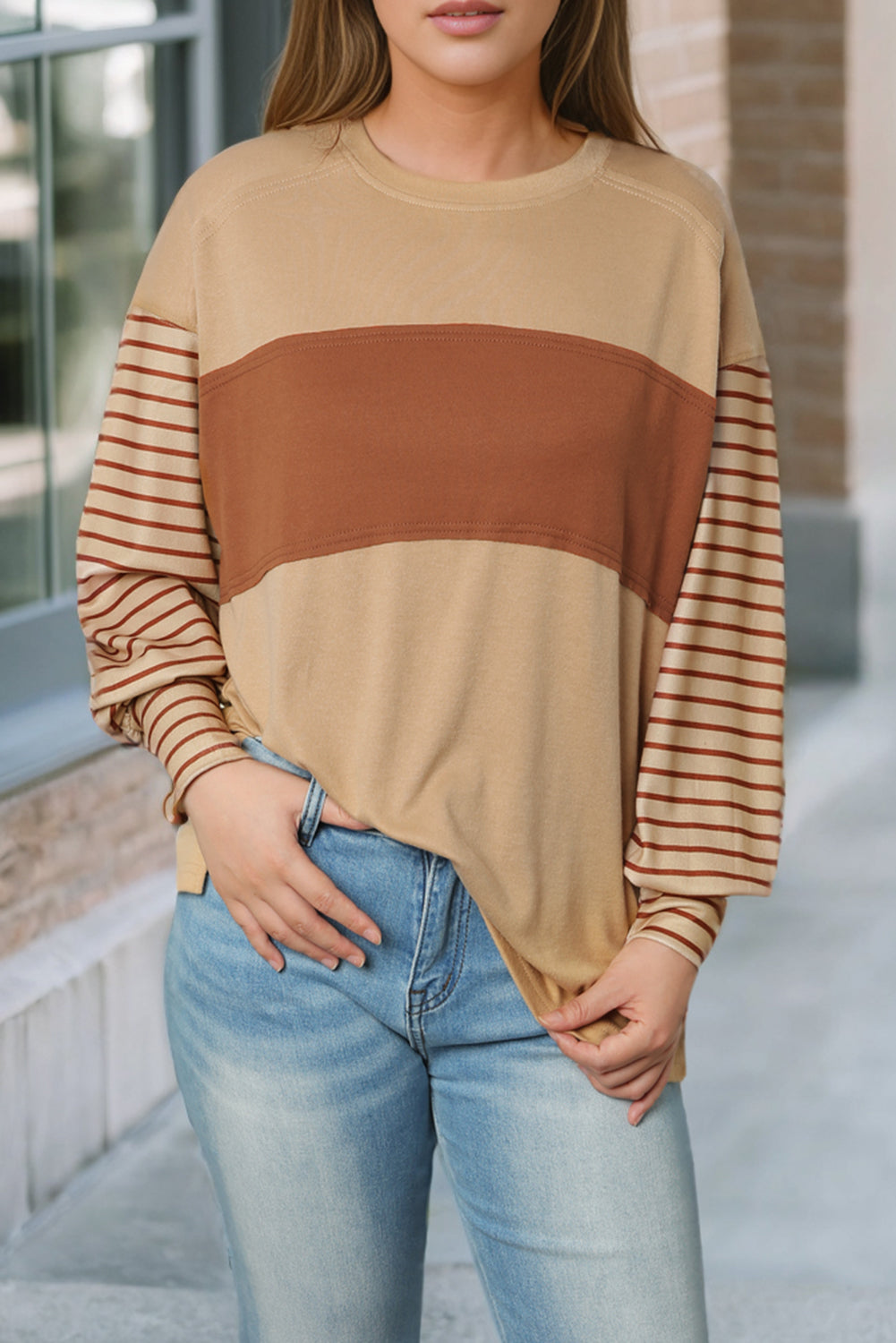 Gray Colorblock Striped Bishop Sleeve Top