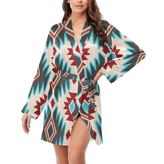 Turquoise Burgandy Aztec Women's Belted Satin Feel Dressing Lounge Robe