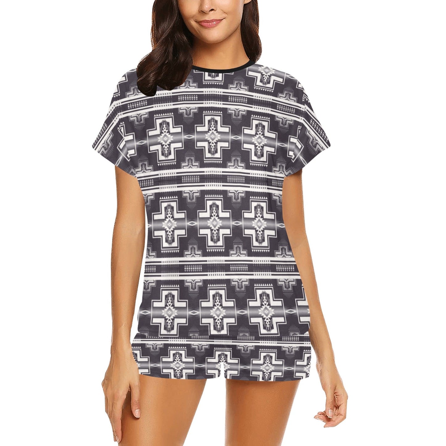 Black White Aztec  Women's Western T shirt Shorts Pajama Set