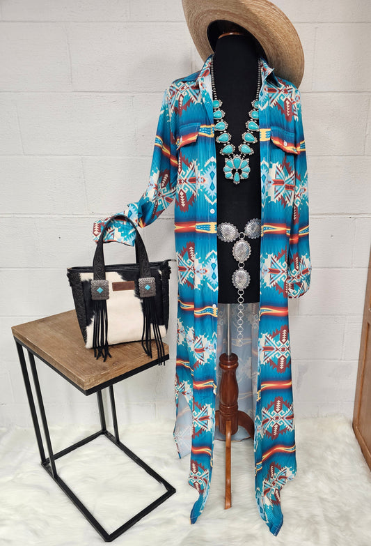 Teal Aztec Long Shirt Dress Duster