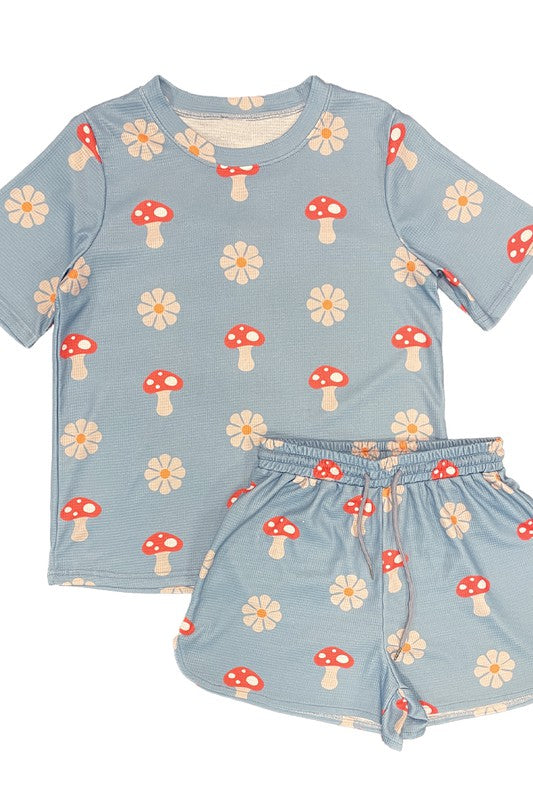 Novelty printed waffle pajama/ lounge shorts set