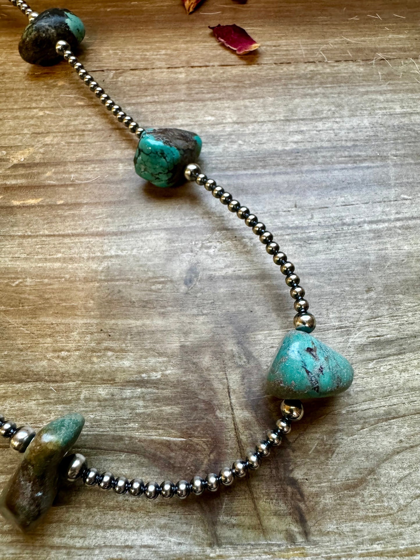 31 inch chunky turquoise necklace with Sterling silver pearls