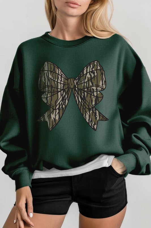 Camo Bow Graphic Fleece Sweatshirts