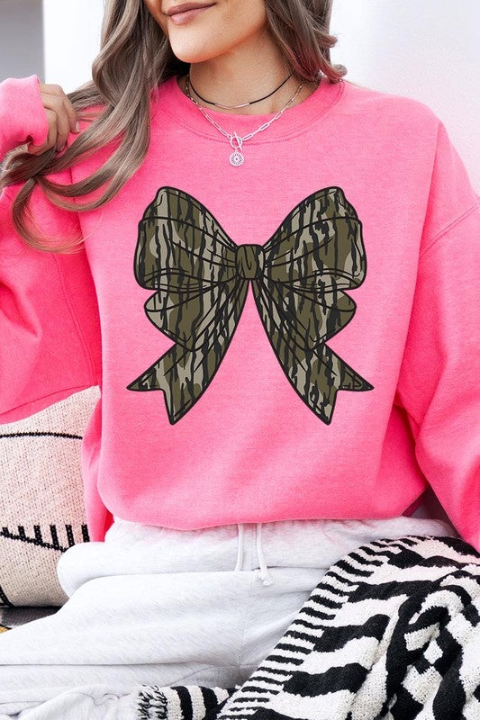 Camo Bow Graphic Fleece Sweatshirts