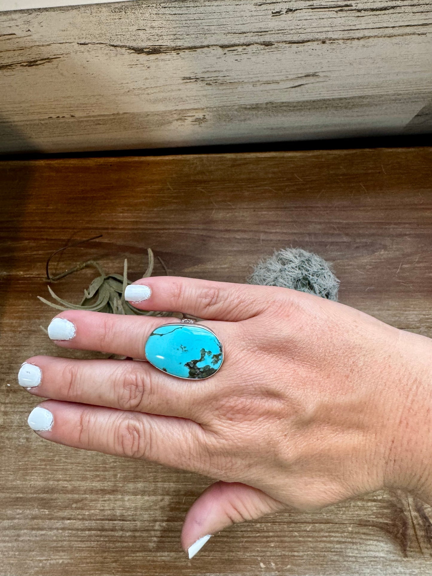 Oval Ring- adjustable- Kingman turquoise ring and sterling silver