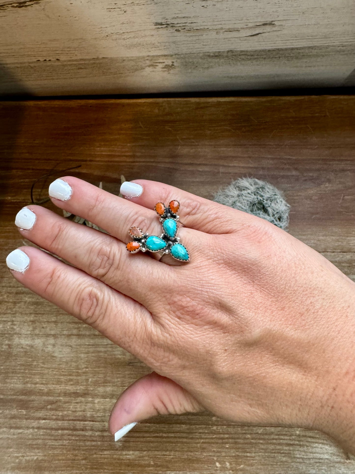 Cactus Ring - Adjustable - sterling silver Turquoise and Apple corrals