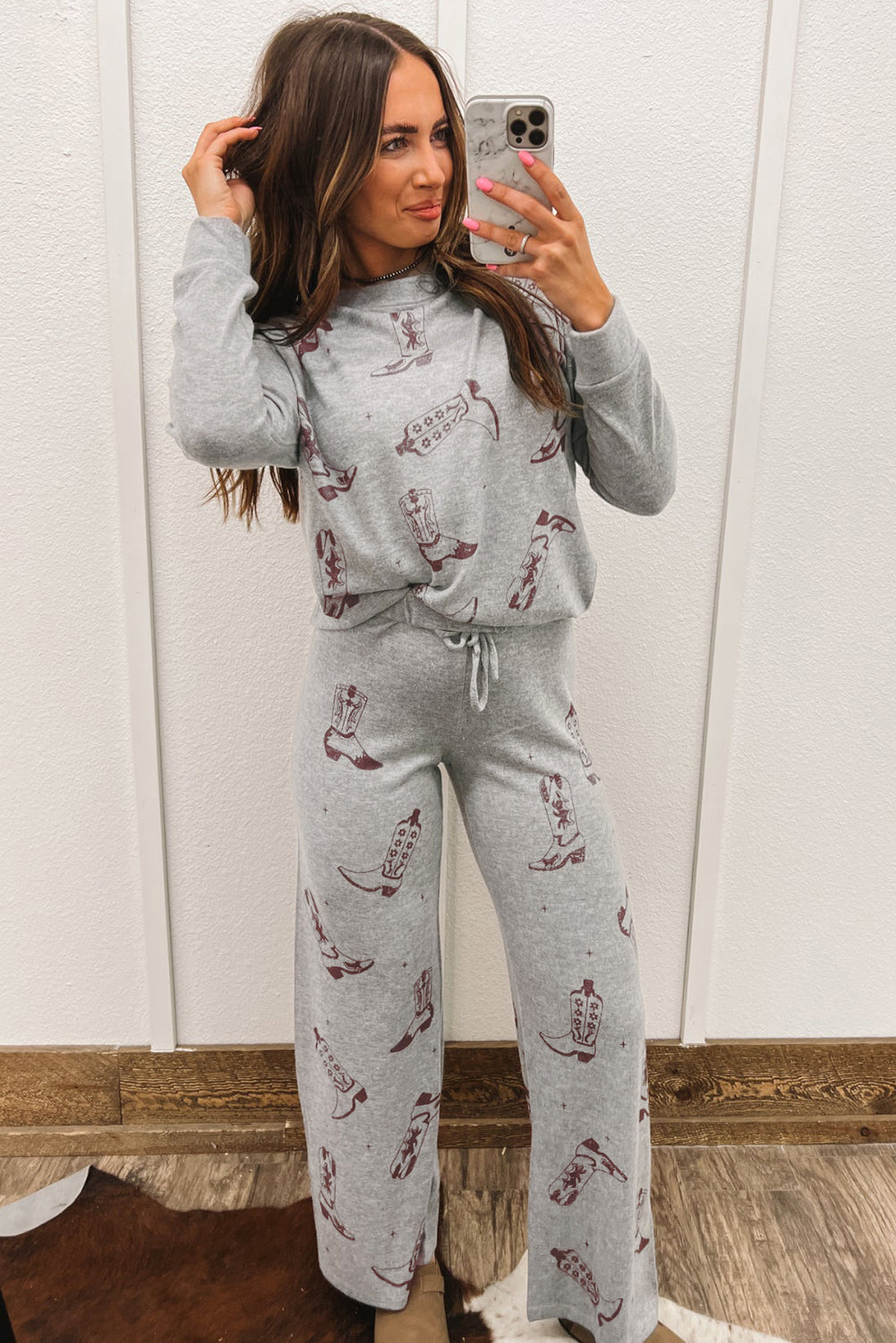 Gray Cowgirl Boots Printed Long Sleeve Top Pants Lounge Set