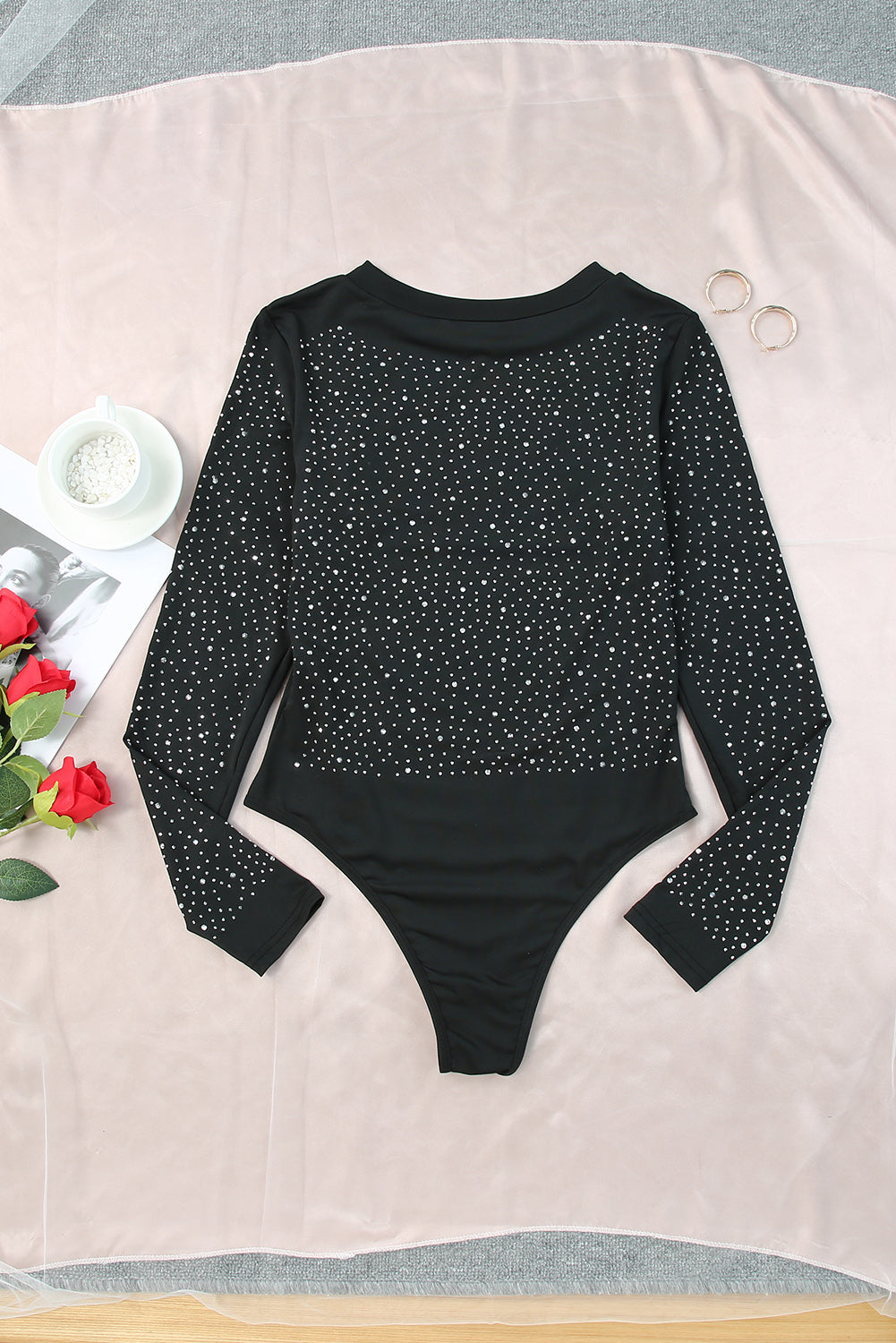 Green Rhinestone O-neck Long Sleeve Bodysuit