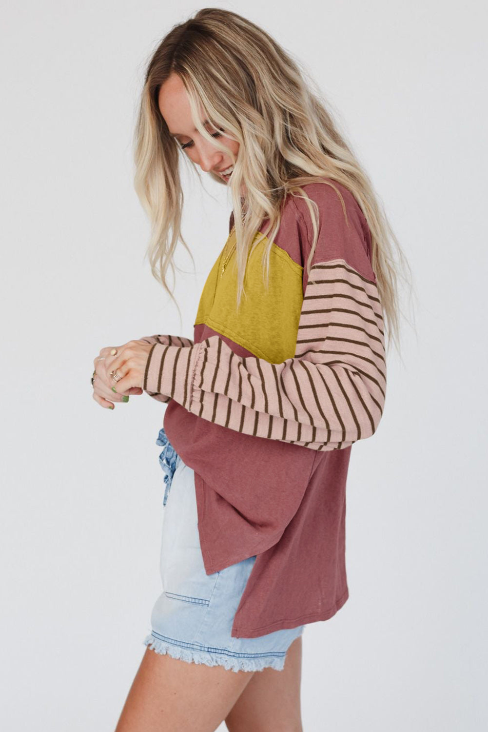 Gray Colorblock Striped Bishop Sleeve Top