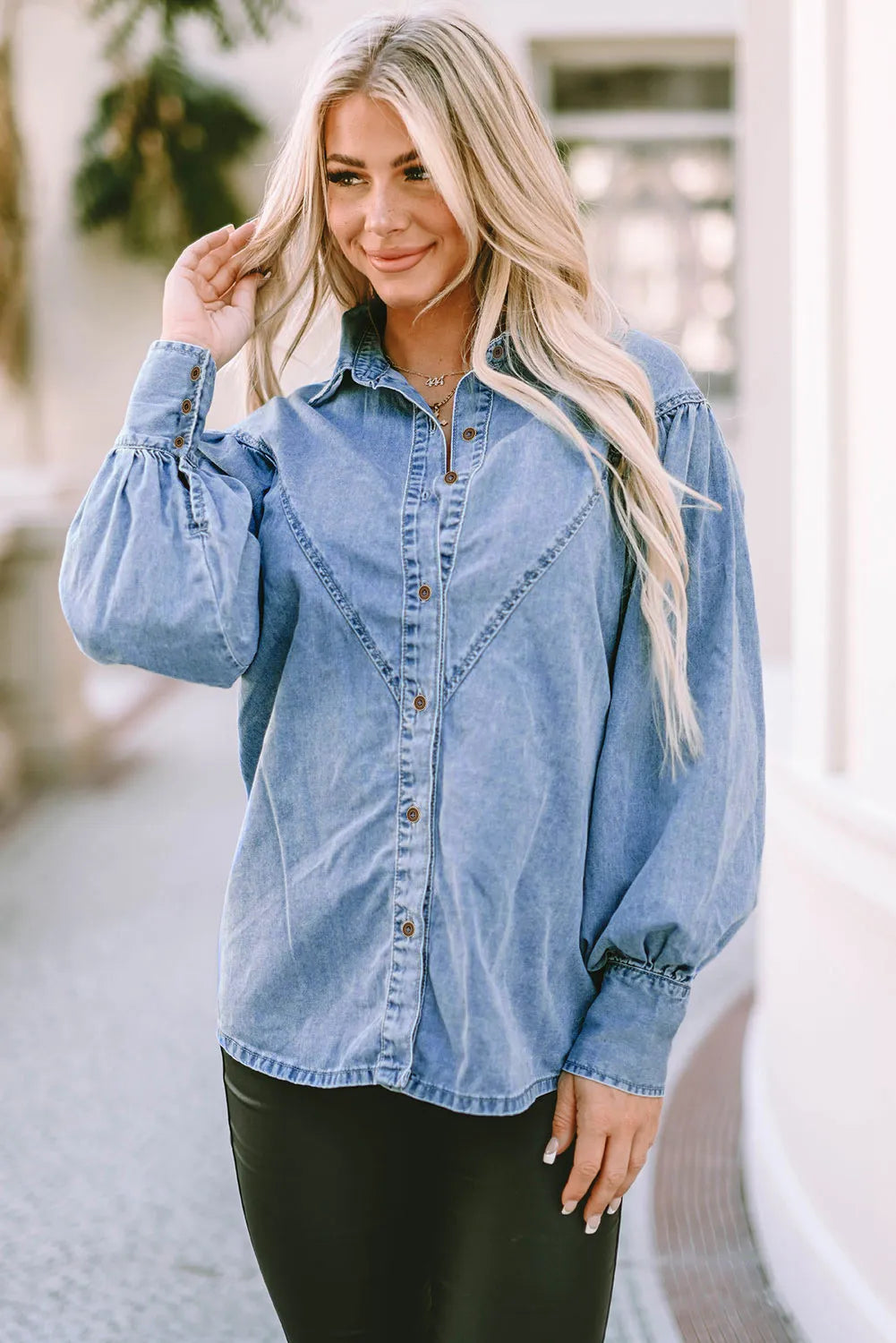 Collared Neck Lantern Sleeve Denim Top