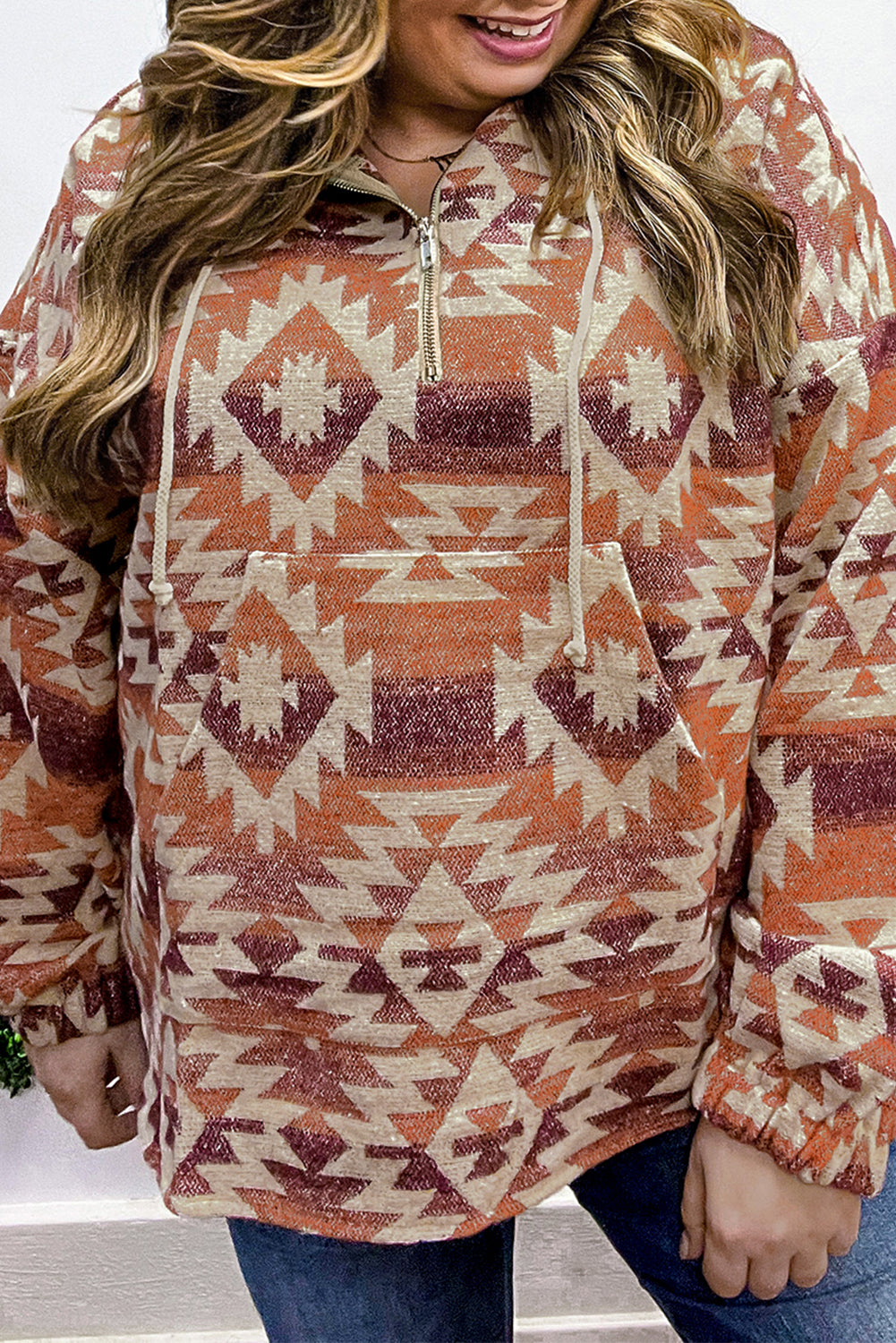 Red Plus Size Western Fashion Aztec Patterned Half Zip High Neck Hoodie