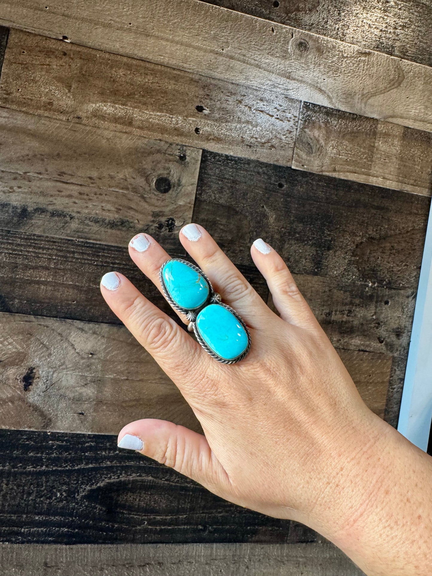 2 Stone - adjustable kingman turquoise ring and sterling silver