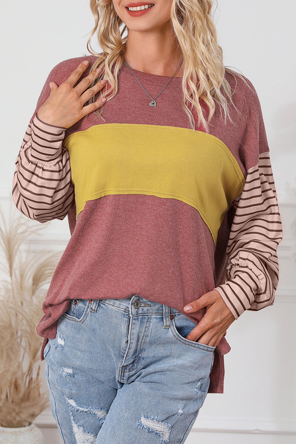 Gray Colorblock Striped Bishop Sleeve Top