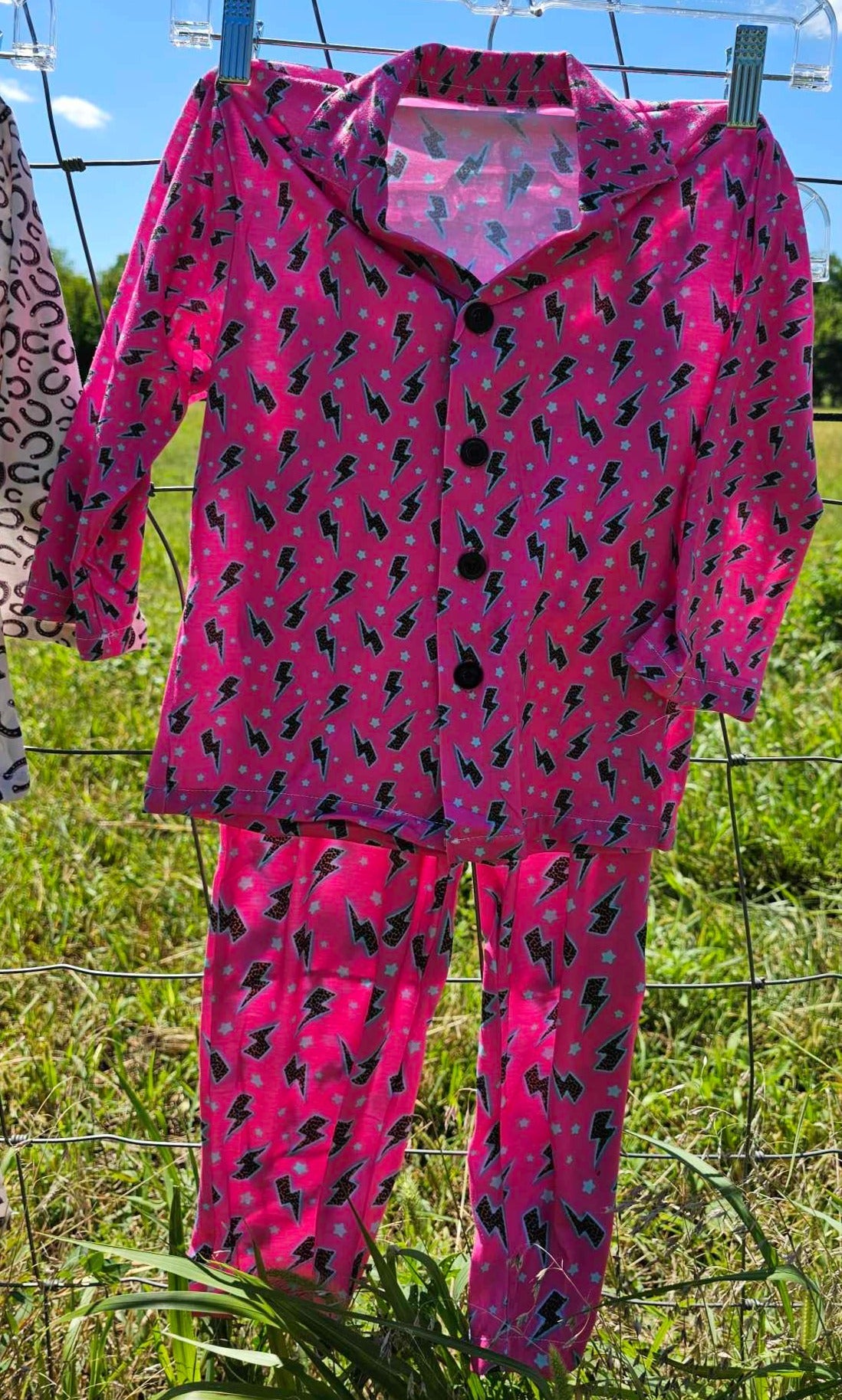 Hot Pink Lightning Bolt Girl's Western Pajama Set