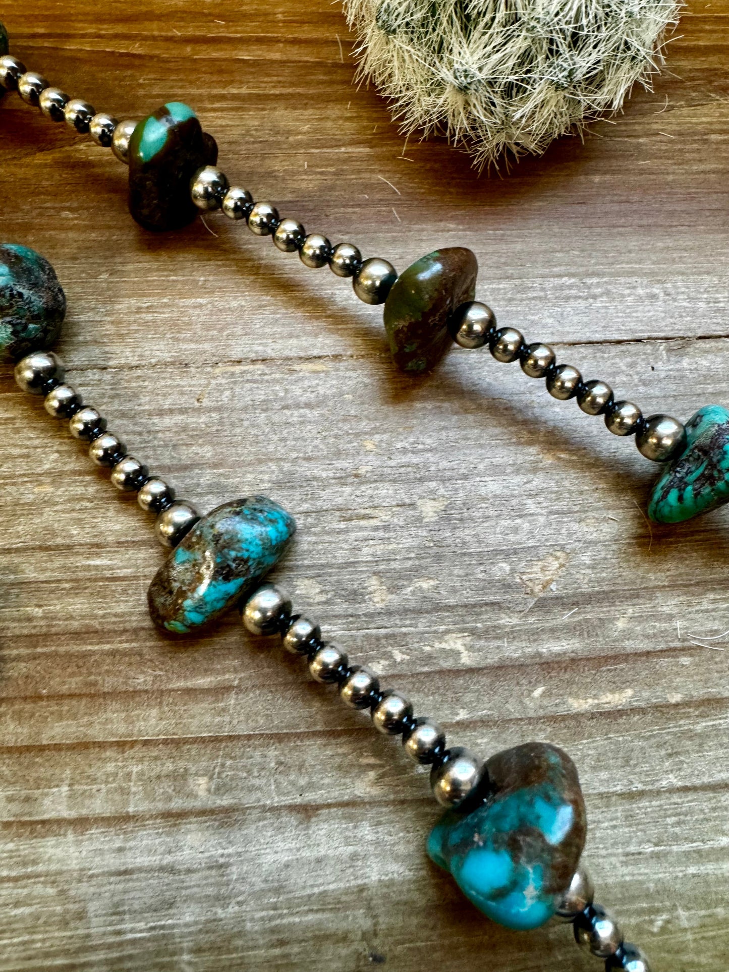 31 inch chunky turquoise necklace with Sterling silver pearls