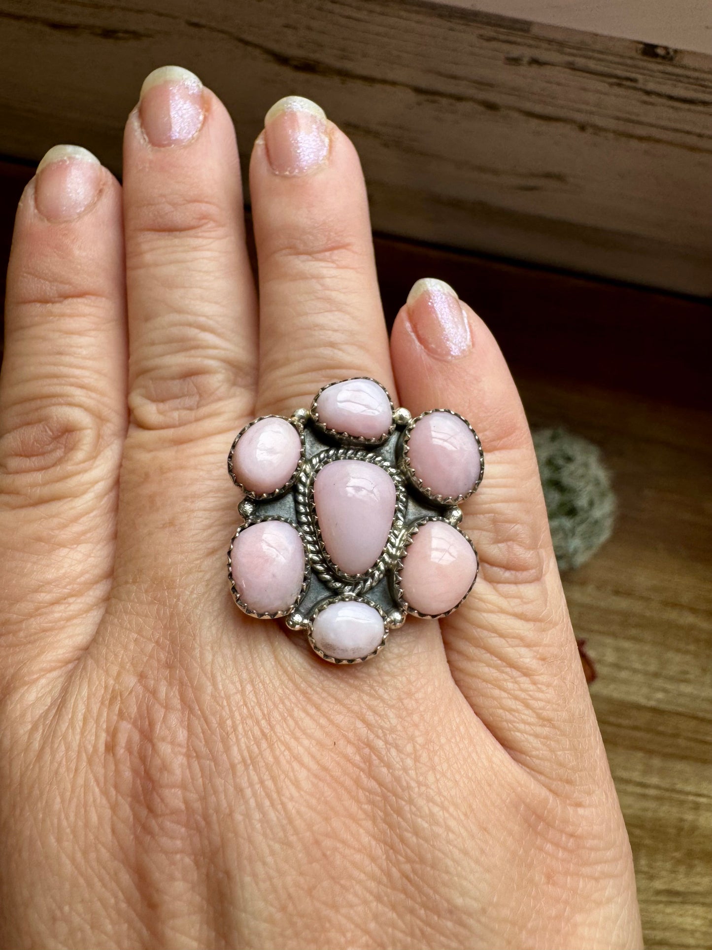 Cluster Ring- Adjustable - Pink opal and sterling silver