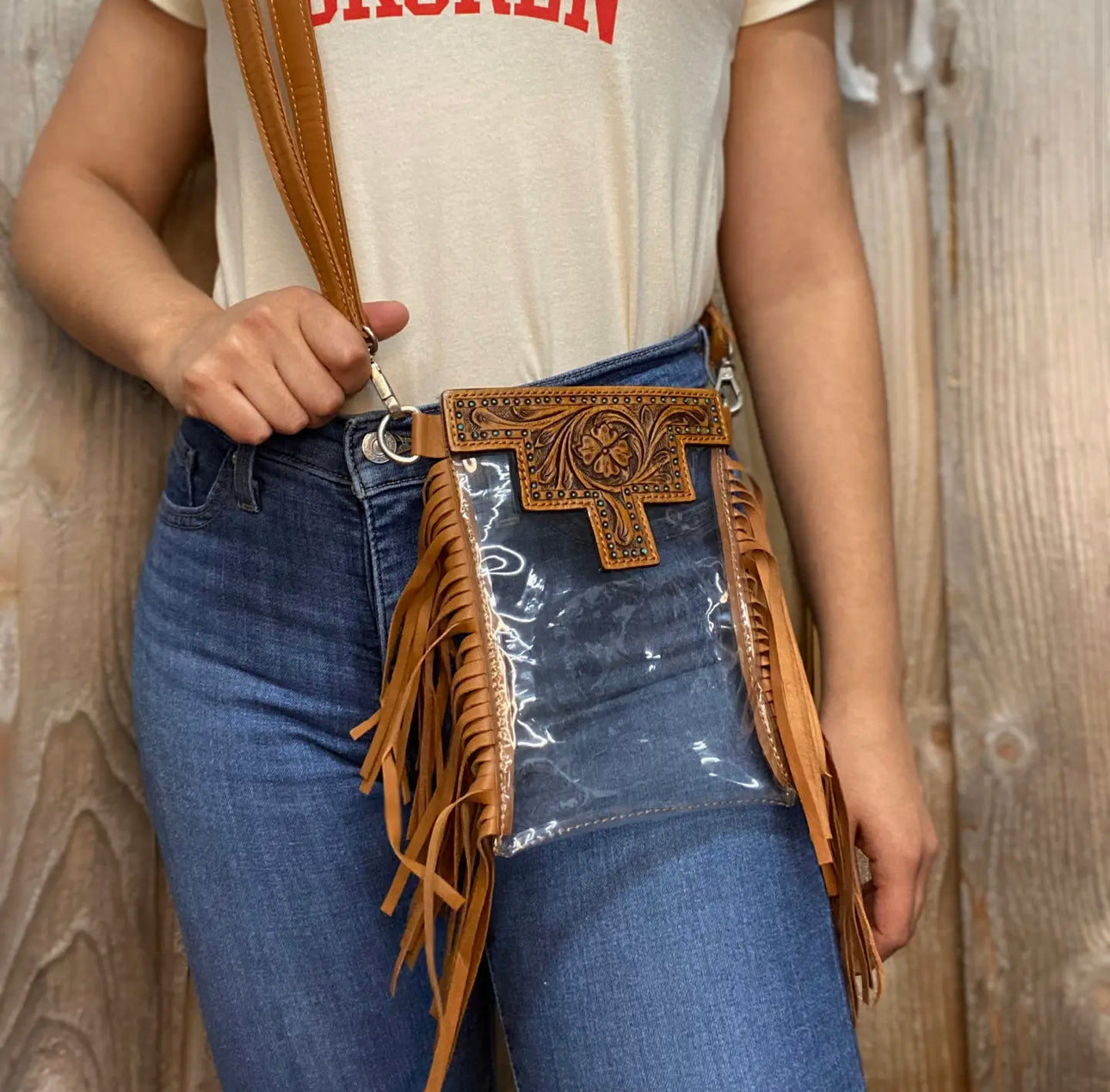 Aztec Tan Fringe Clear Crossbody