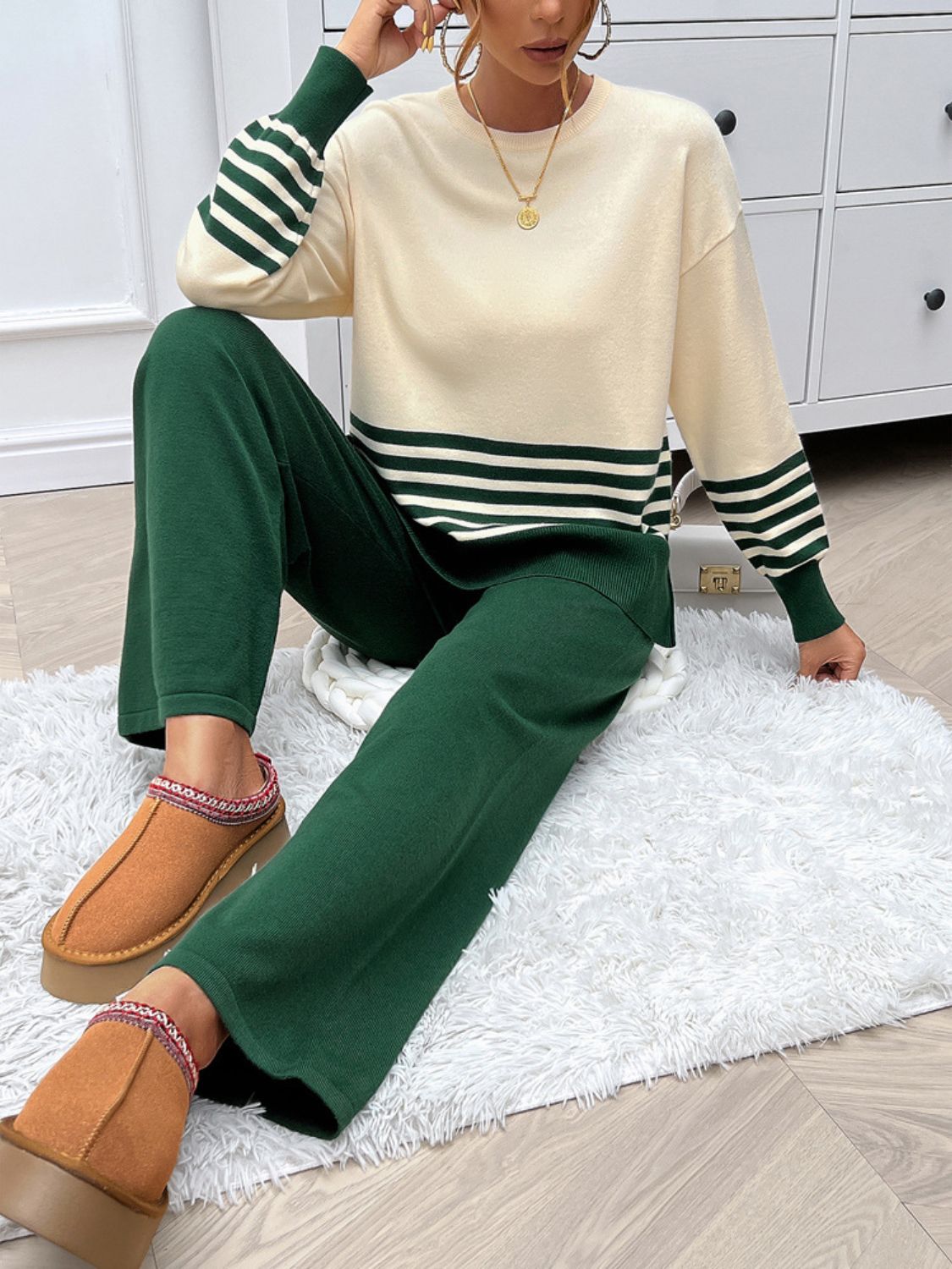 Devine Slit Striped Round Neck Top and Pants Sweater Set