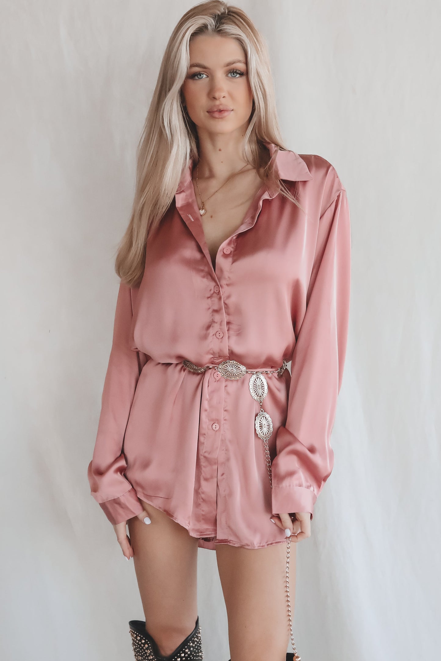 Giving Beverly Hills Satin Button Up Romper Dress