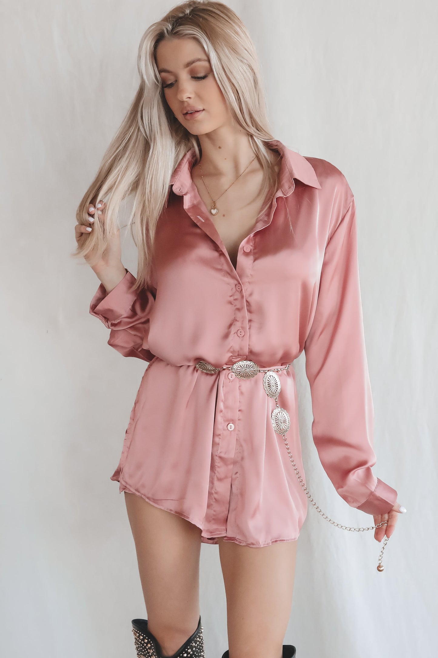 Giving Beverly Hills Satin Button Up Romper Dress