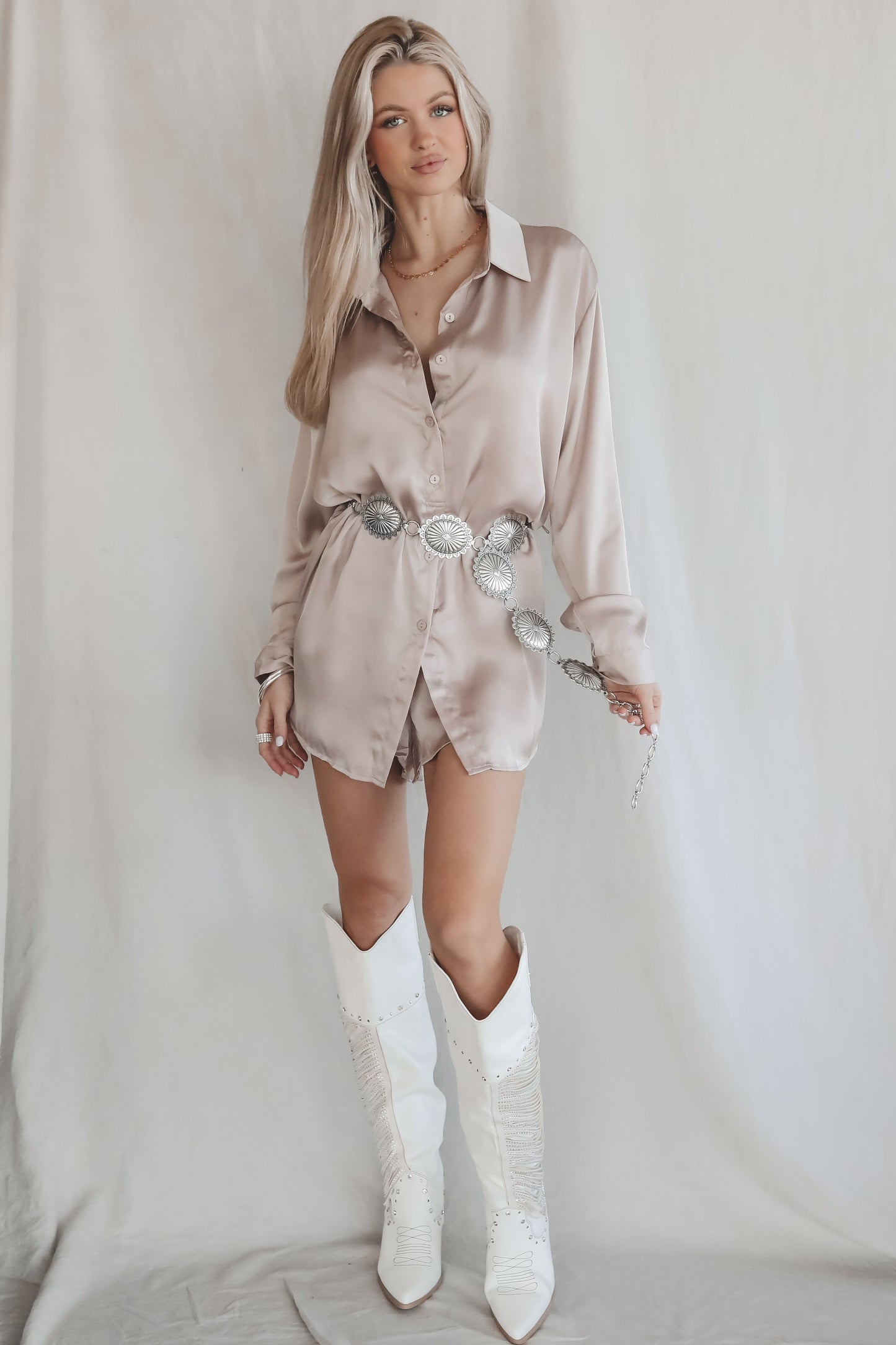 Giving Beverly Hills Satin Button Up Romper Dress