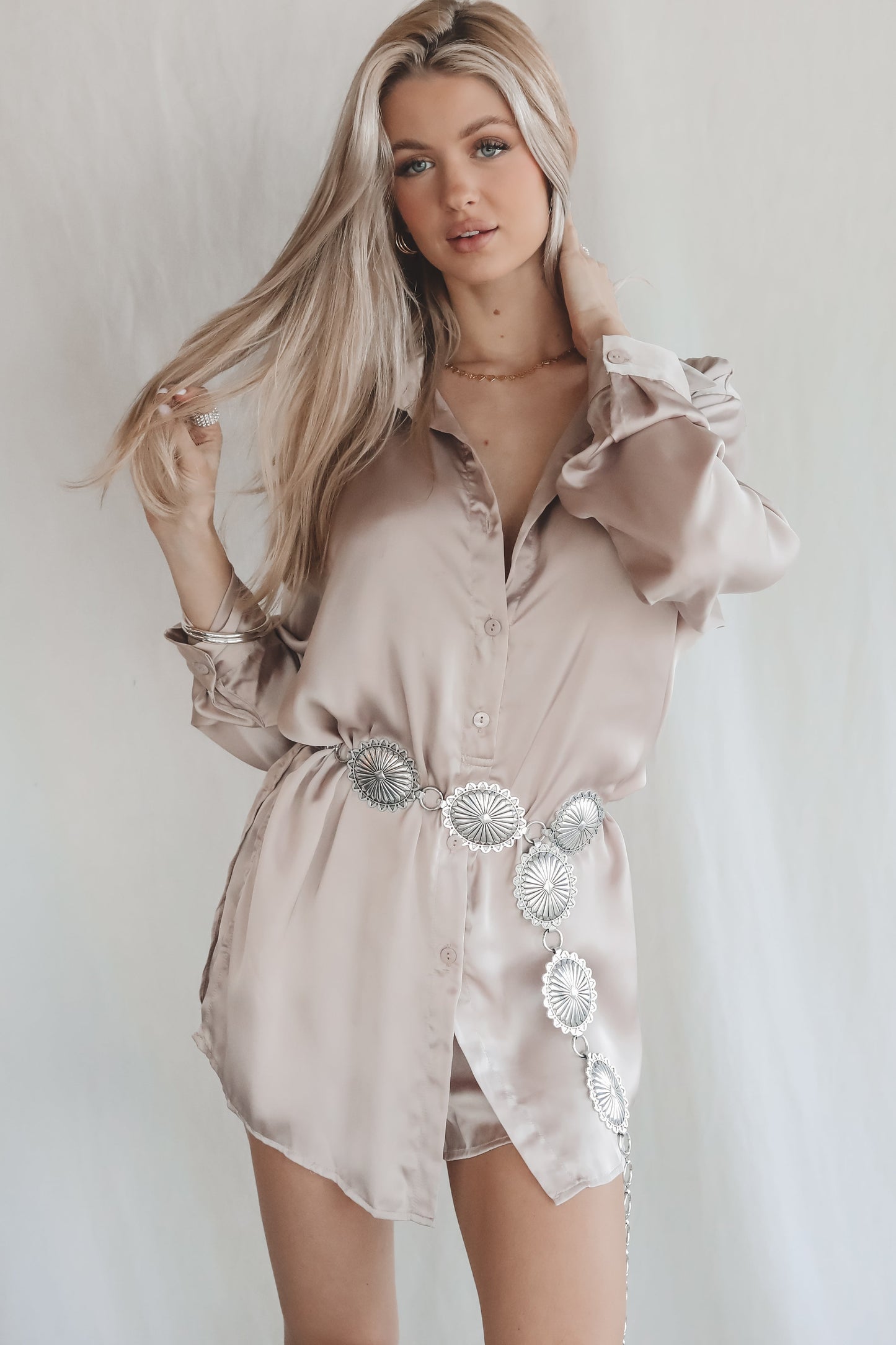 Giving Beverly Hills Satin Button Up Romper Dress