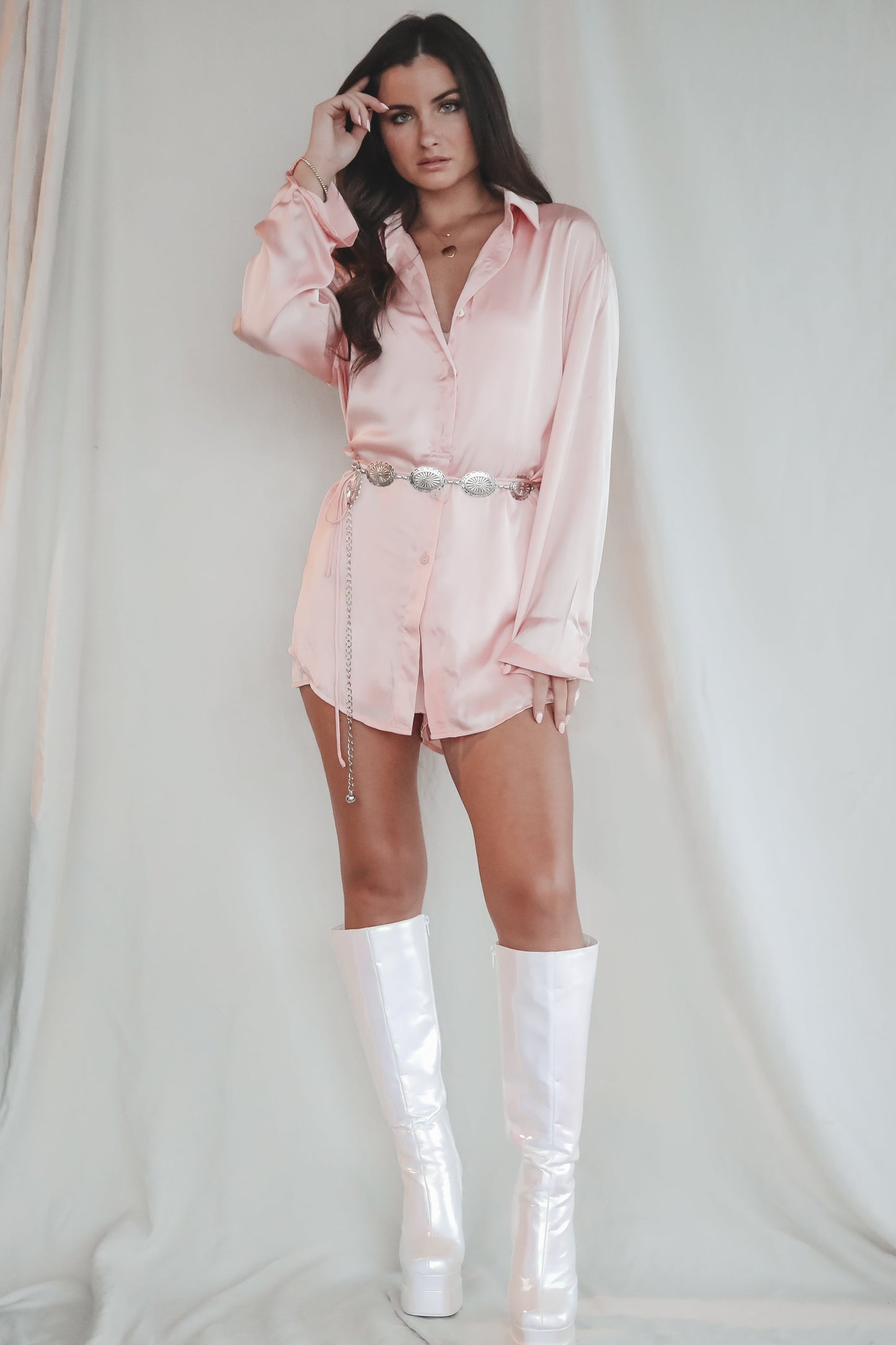 Giving Beverly Hills Satin Button Up Romper Dress