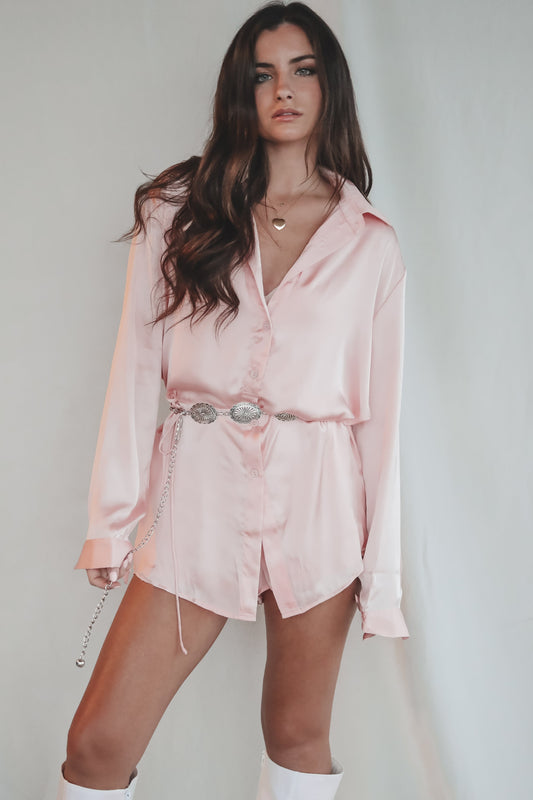 Giving Beverly Hills Satin Button Up Romper Dress