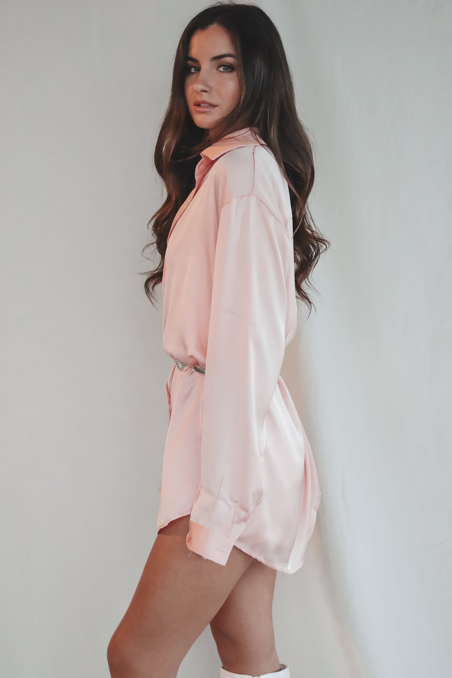 Giving Beverly Hills Satin Button Up Romper Dress