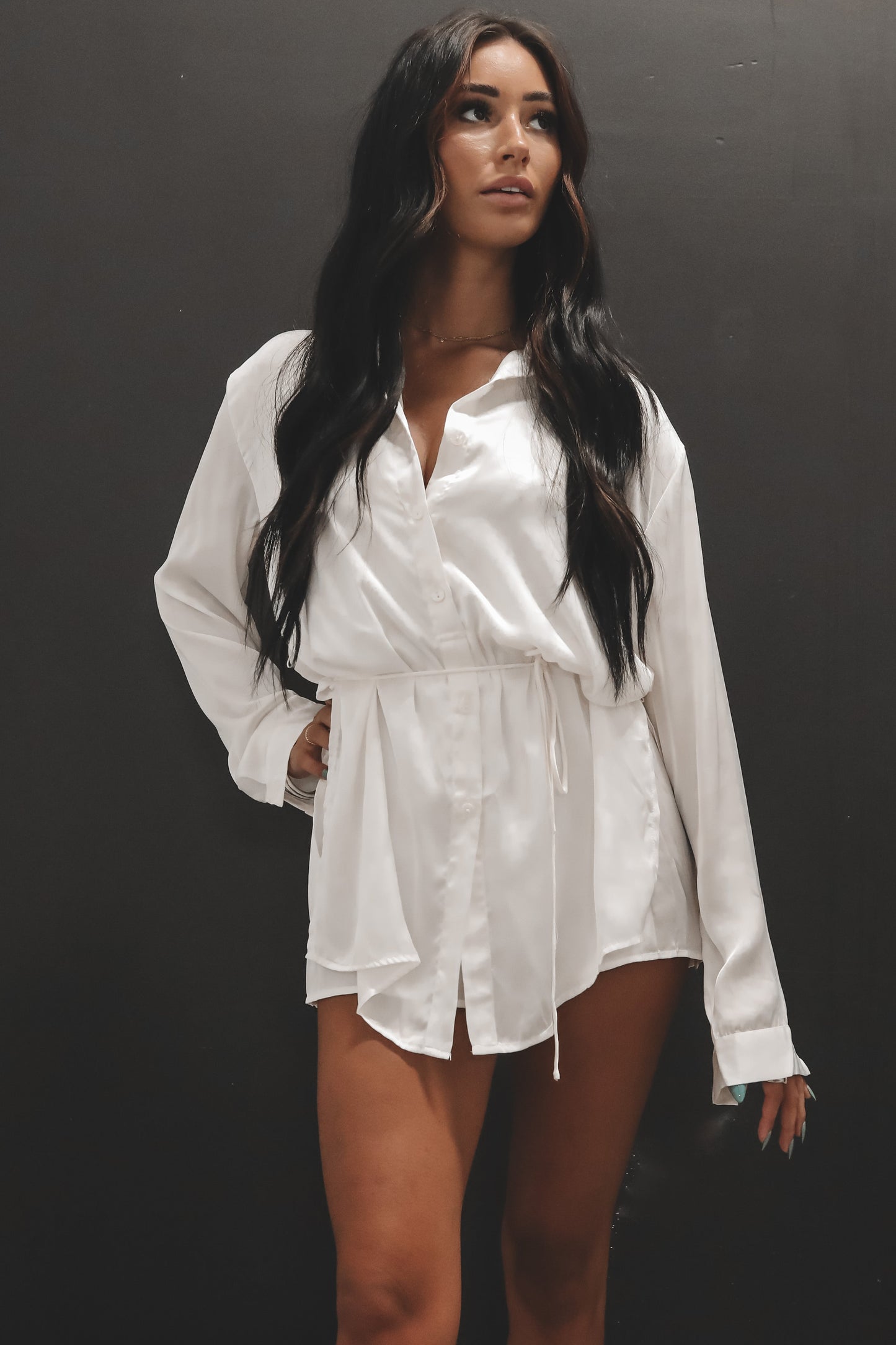 Giving Beverly Hills Satin Button Up Romper Dress