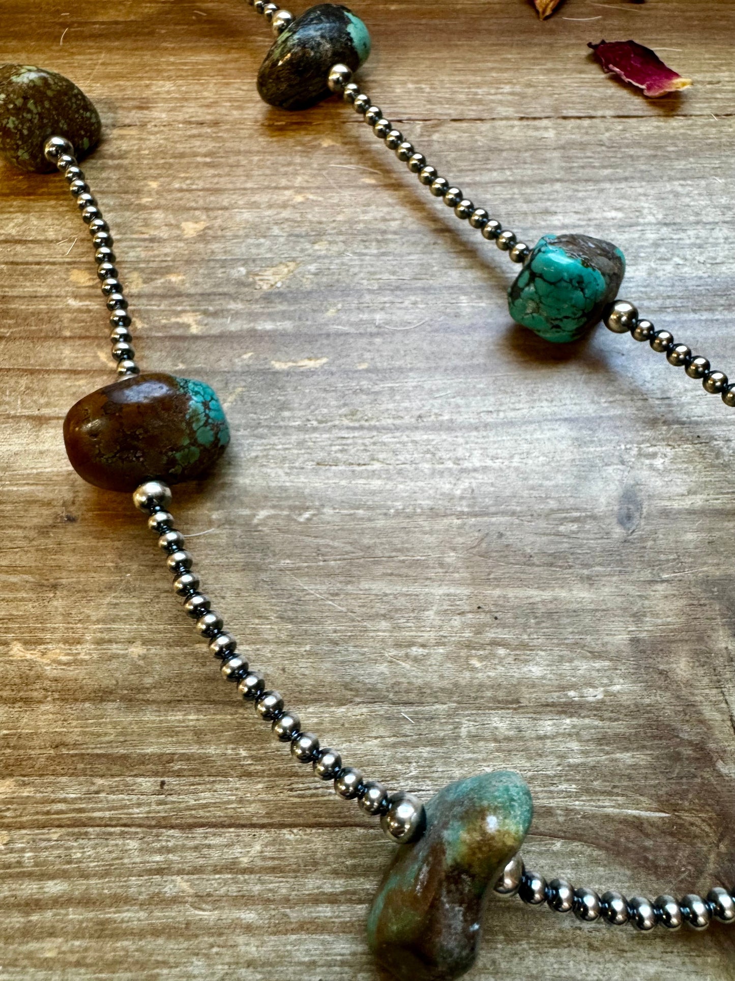 31 inch chunky turquoise necklace with Sterling silver pearls