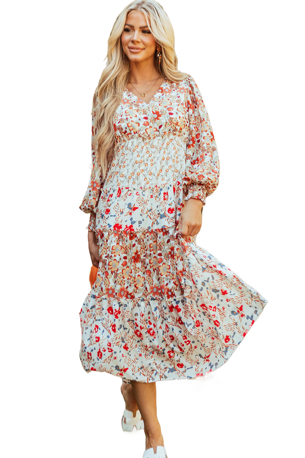 Khaki Floral Print Ruffled Tiered Long Sleeve V Neck Midi Dress