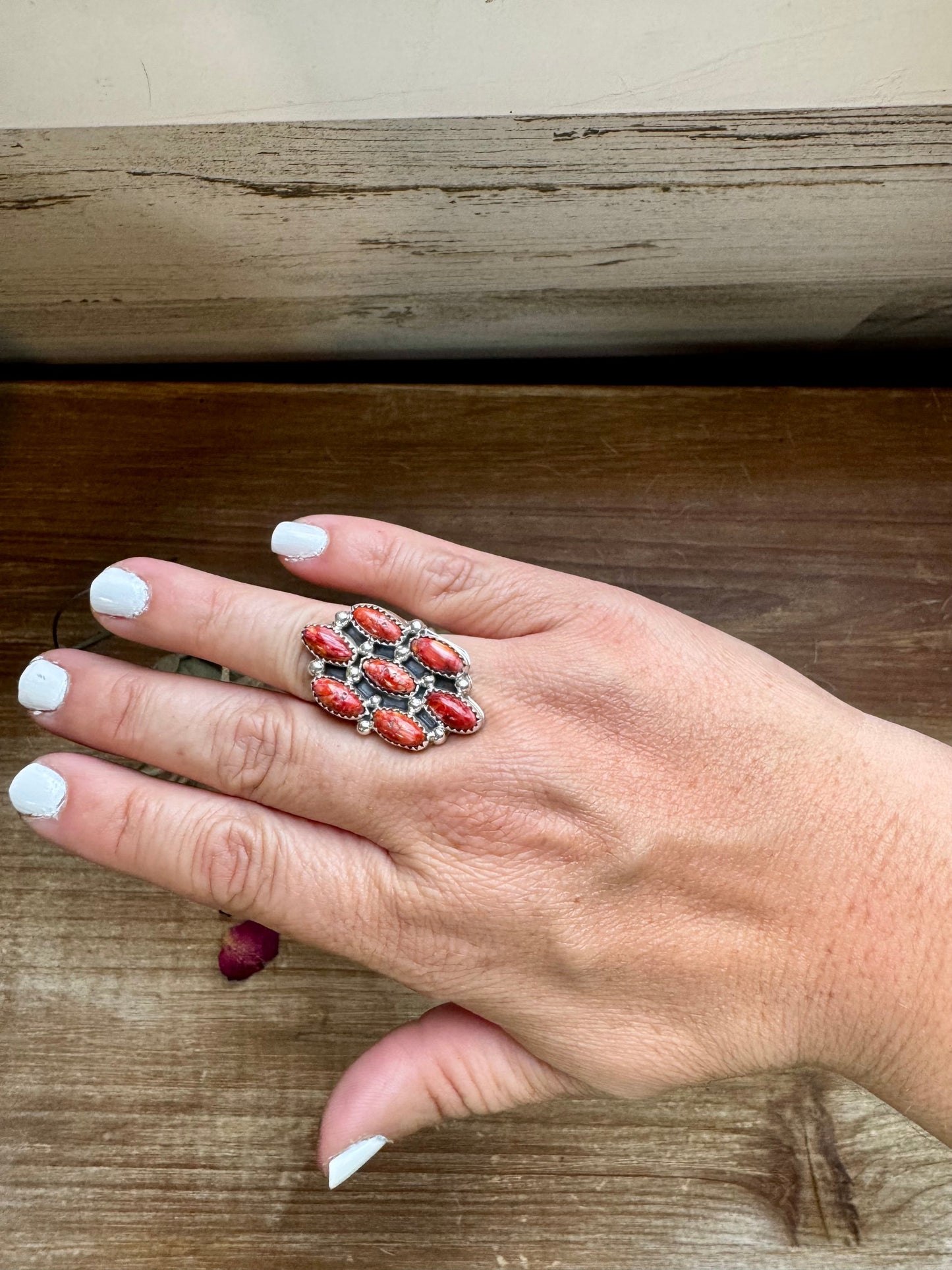 Cluster - size 7 - red spiny and sterling silver