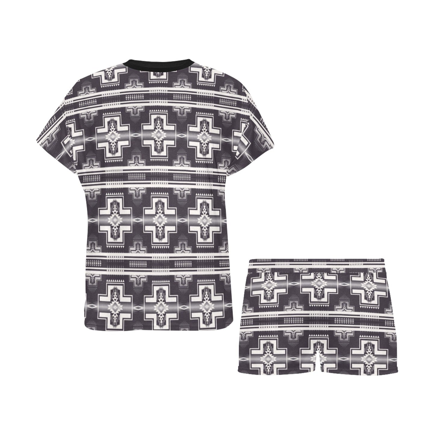 Black White Aztec  Women's Western T shirt Shorts Pajama Set