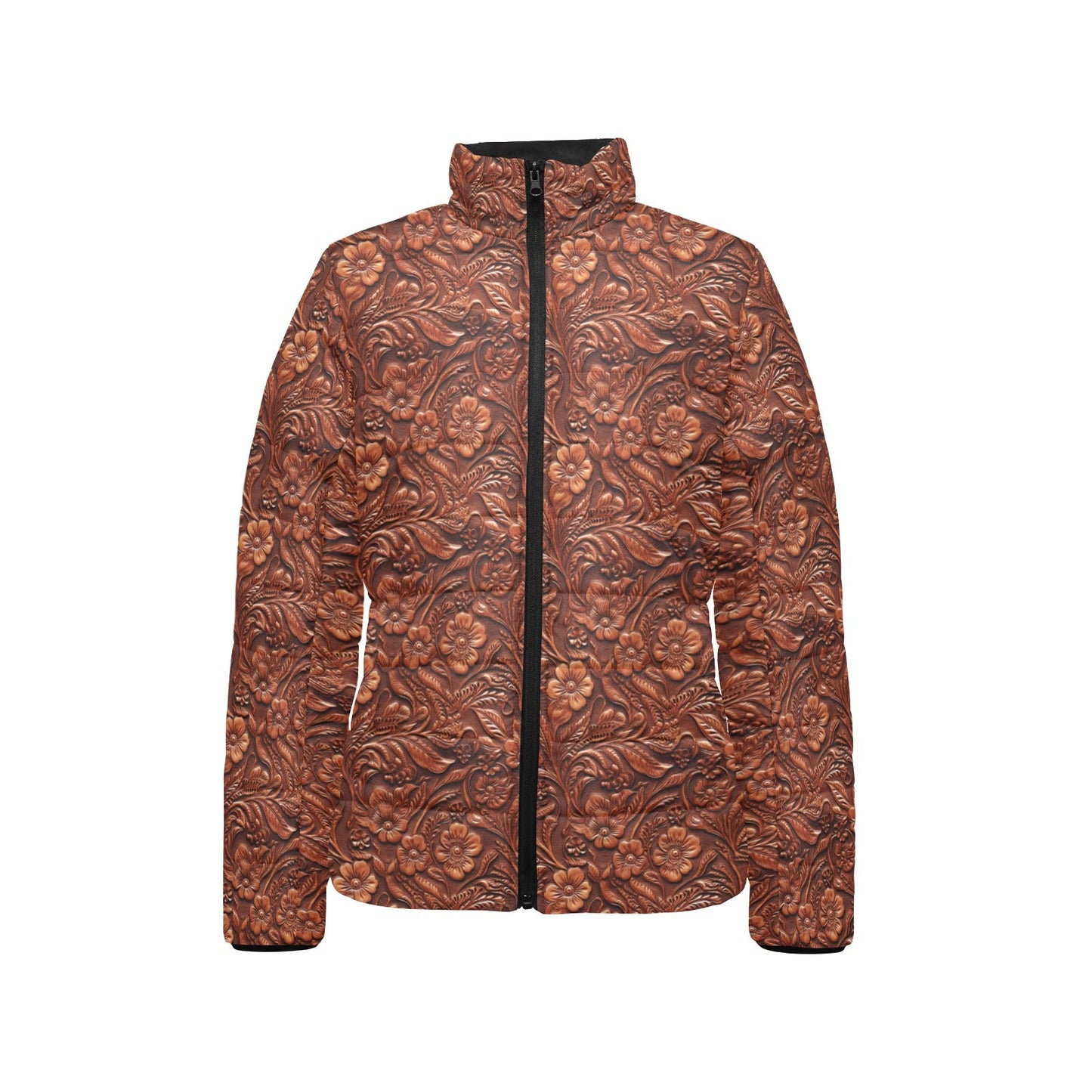 Tooled Leather Print Puffy Bomber Jacket