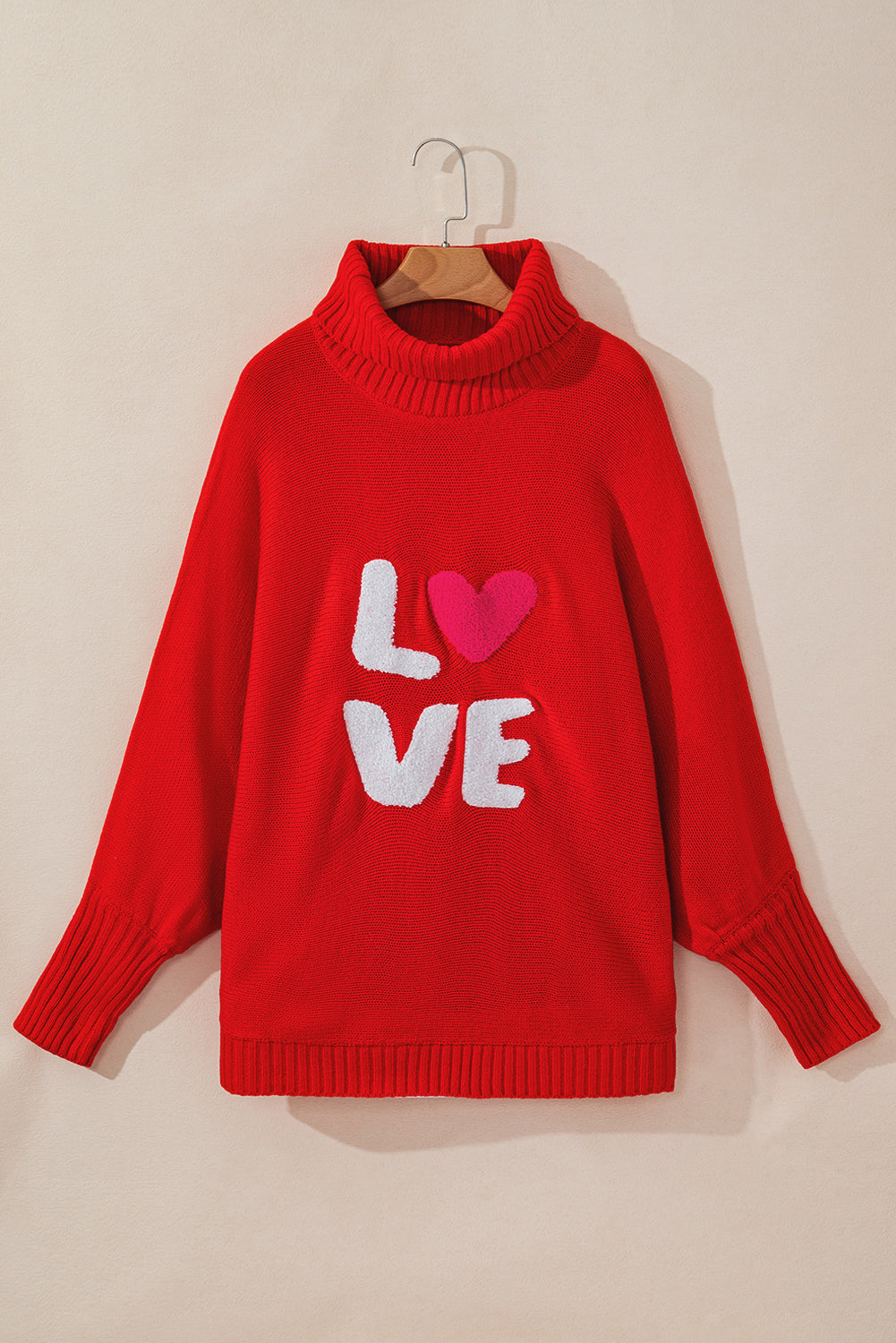 Red Merry Letter Embroidered High Neck Sweater