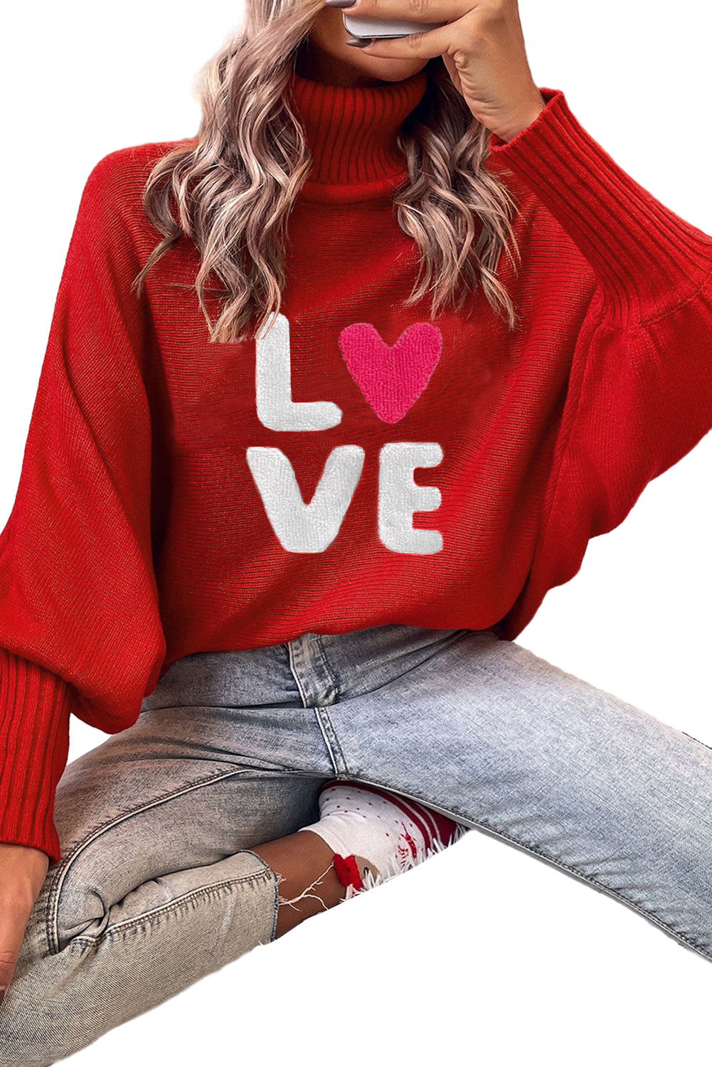 Red Merry Letter Embroidered High Neck Sweater