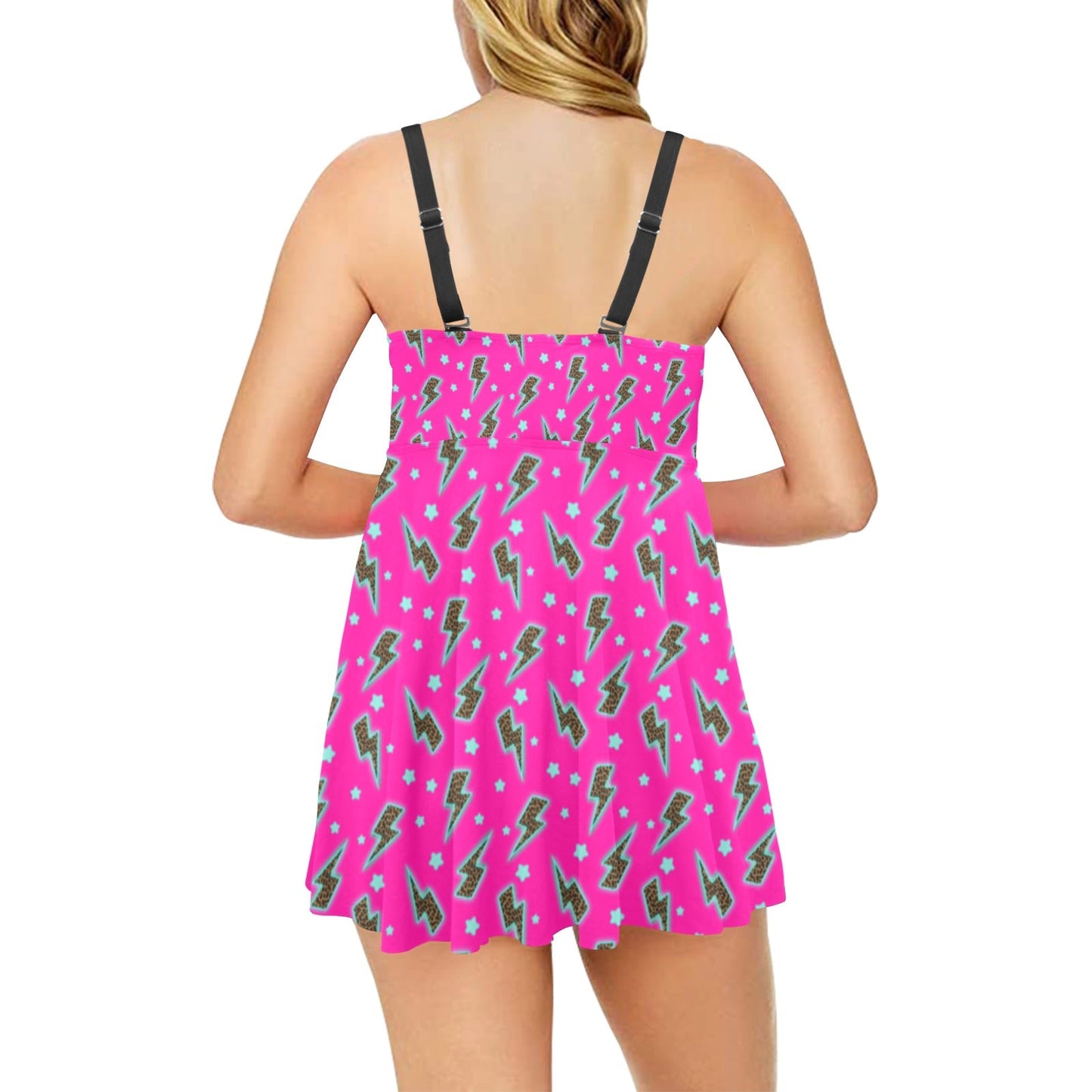 Pink Lightning Bolt Swim Dress & Shorts Set