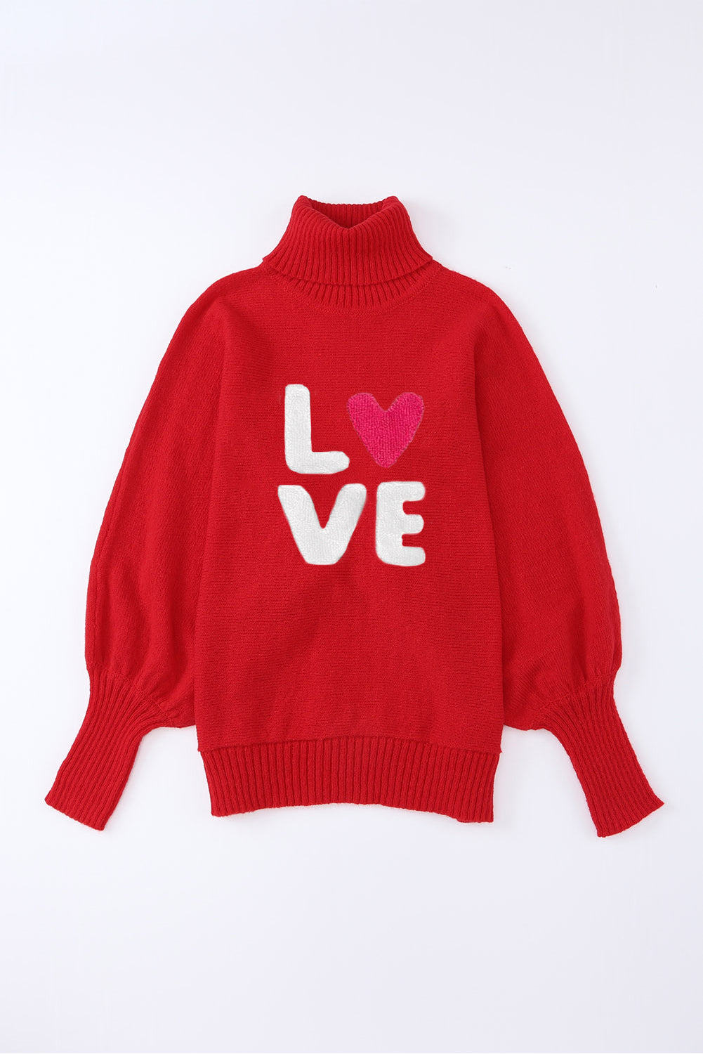 Red Merry Letter Embroidered High Neck Sweater