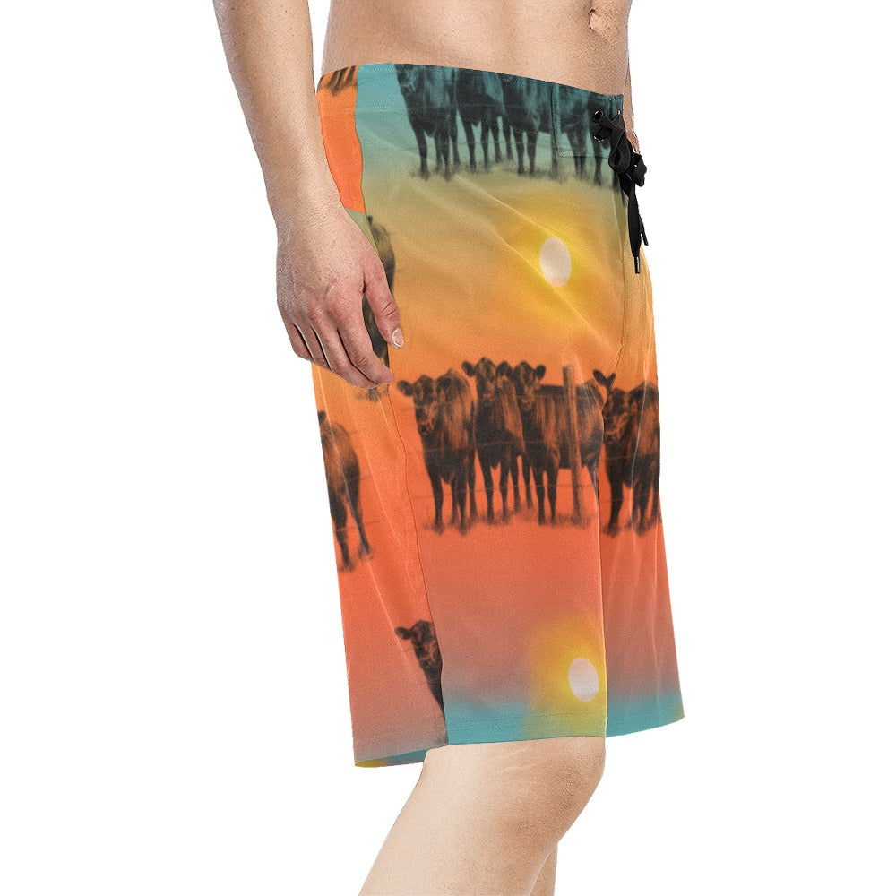 Sunset Cattle Ranch Men's Beach Board Shorts