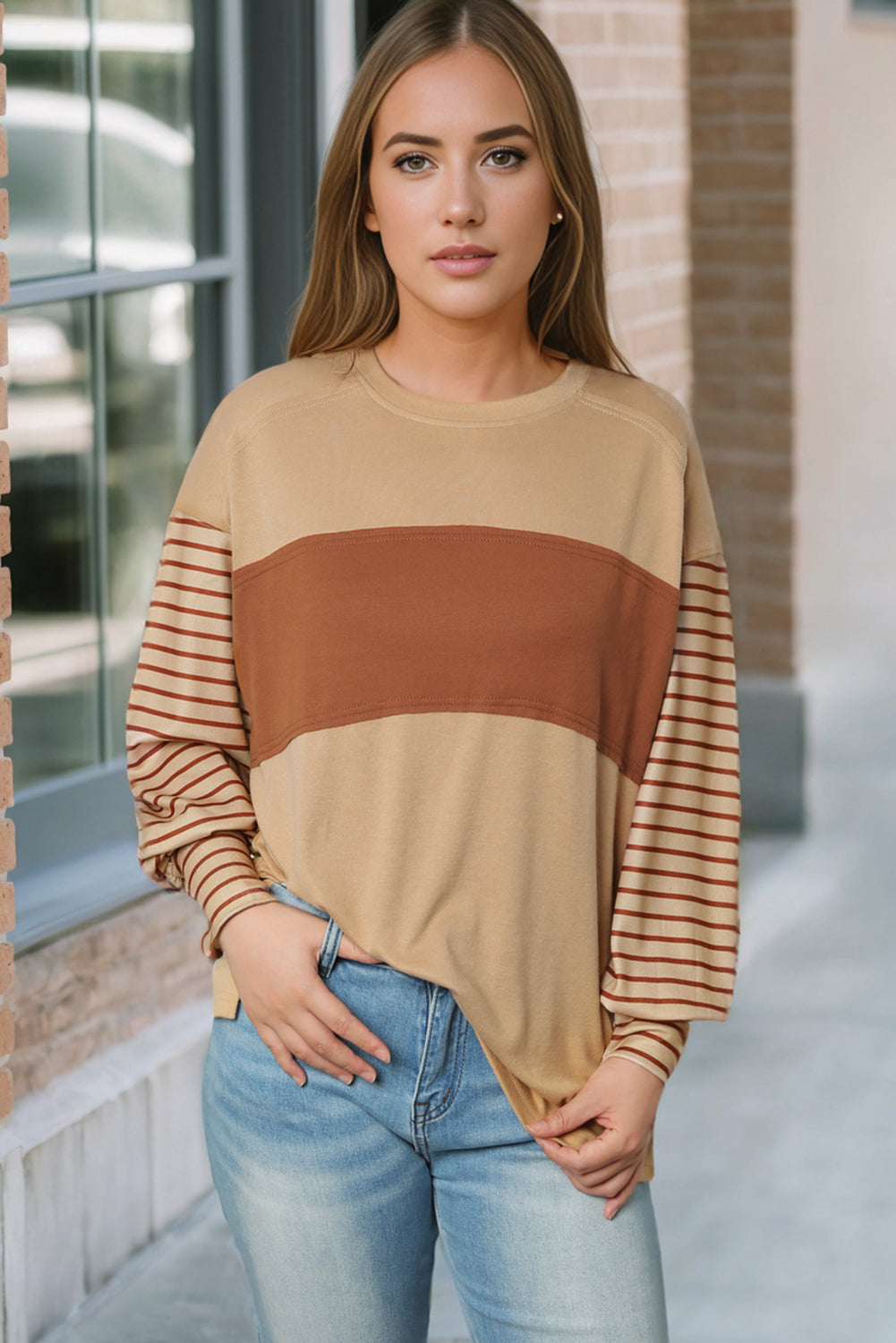 Gray Colorblock Striped Bishop Sleeve Top