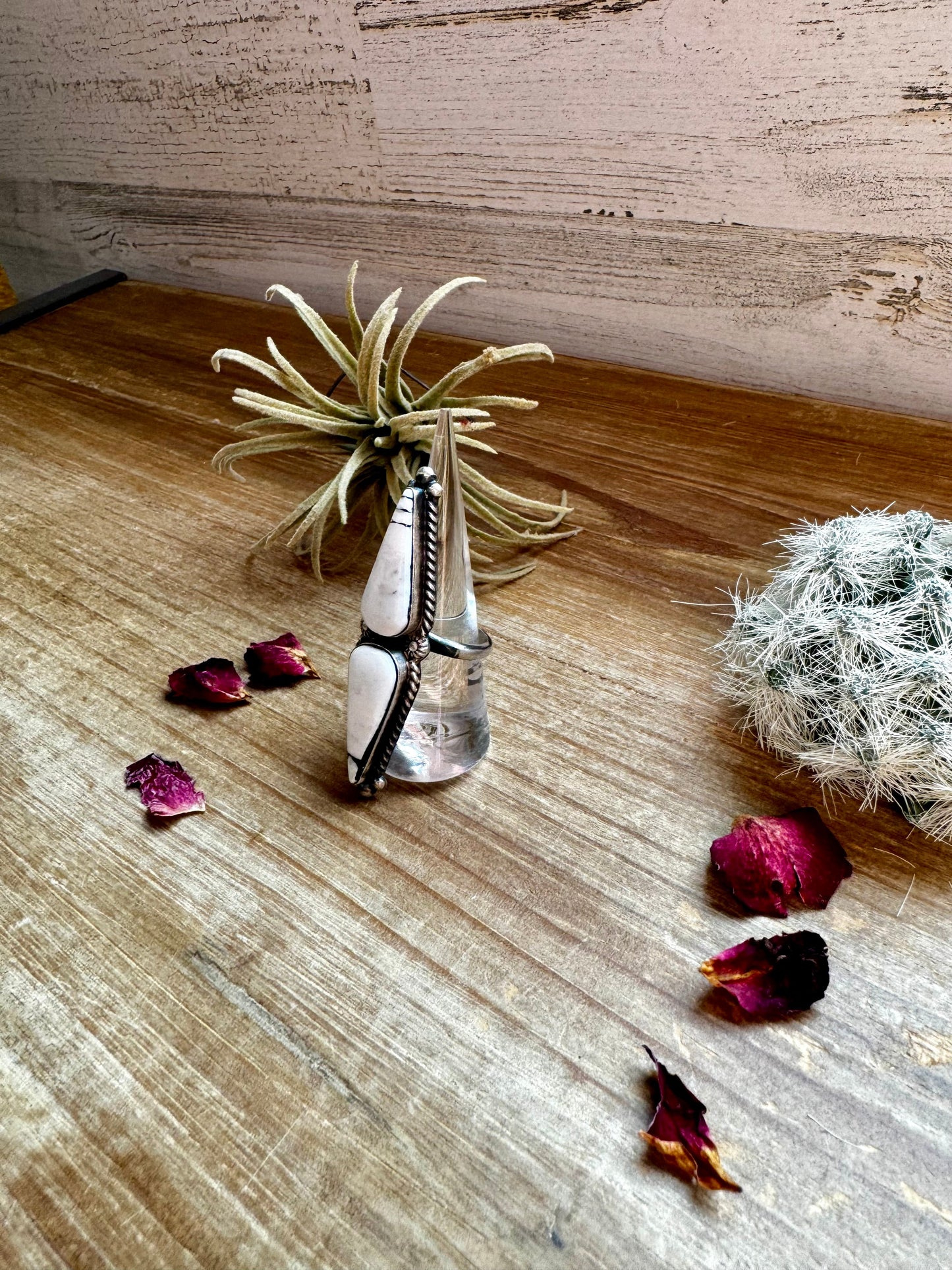 Long Ring - adjustable white buffalo ring and sterling silver